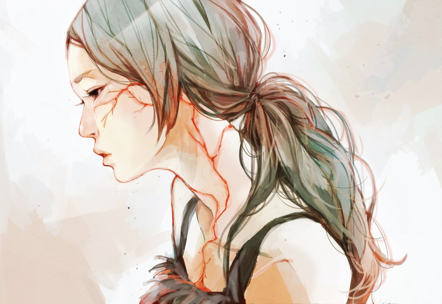 blood, dark, realistic, brown, hair, ponytail, eyes, scar, red, 720P, original, HD Wallpaper