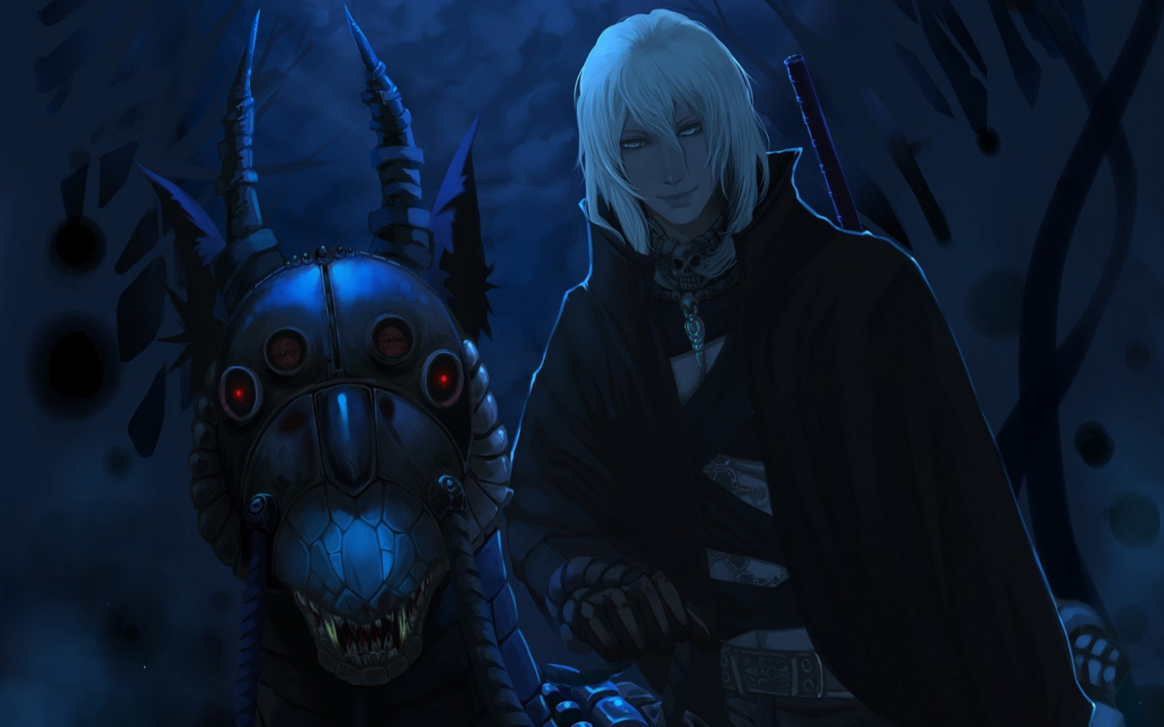 720P, smile, night, canines, eyes, skull, cool, grin, horn, guy, monster, red, moonlight, HD Wallpaper