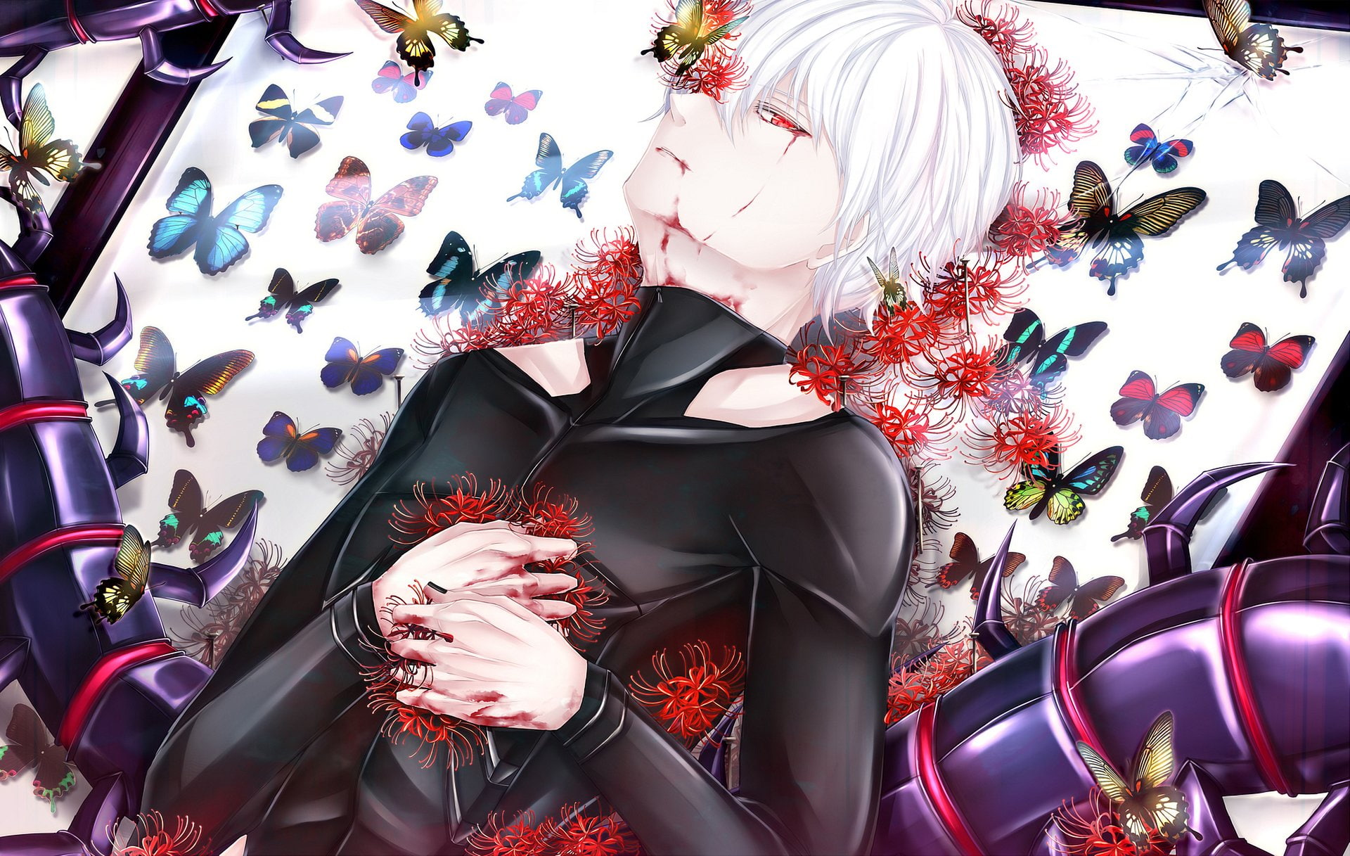 White Hair, Anime, Red Eyes, Tokyo Ghoul, Blood, Ken Kaneki, 1080P, Butterfly, HD Wallpaper