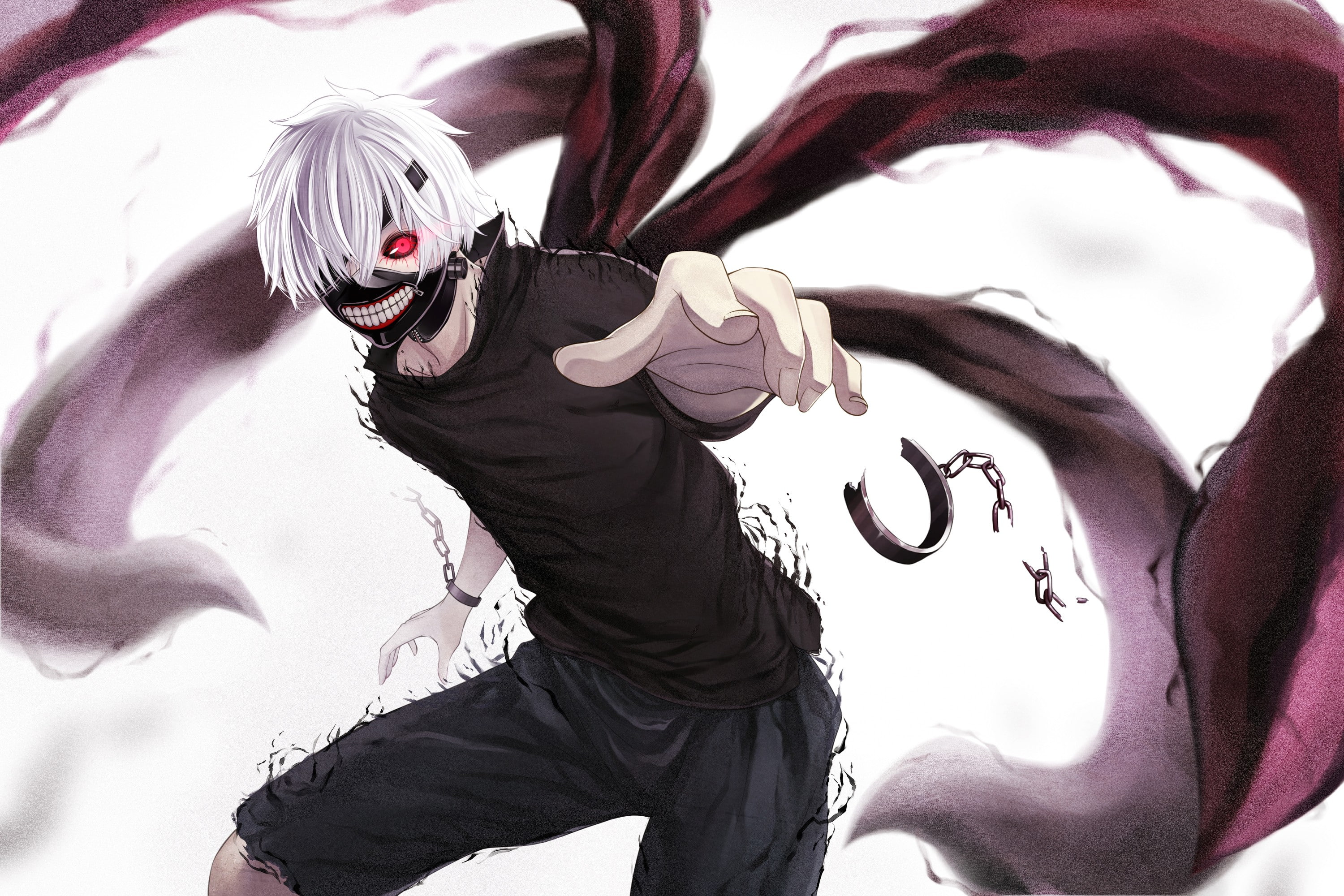 mask, anime, 2K, Kaneki Ken, red eyes, Tokyo Ghoul, white hair, anime boys, HD Wallpaper