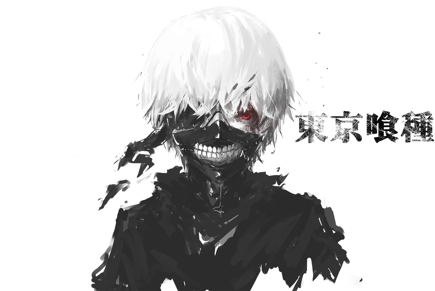 simple background, 720P, anime, white background, selective coloring, Tokyo Ghoul, Kaneki Ken, anime boys, red eyes, typography, teeth, HD Wallpaper