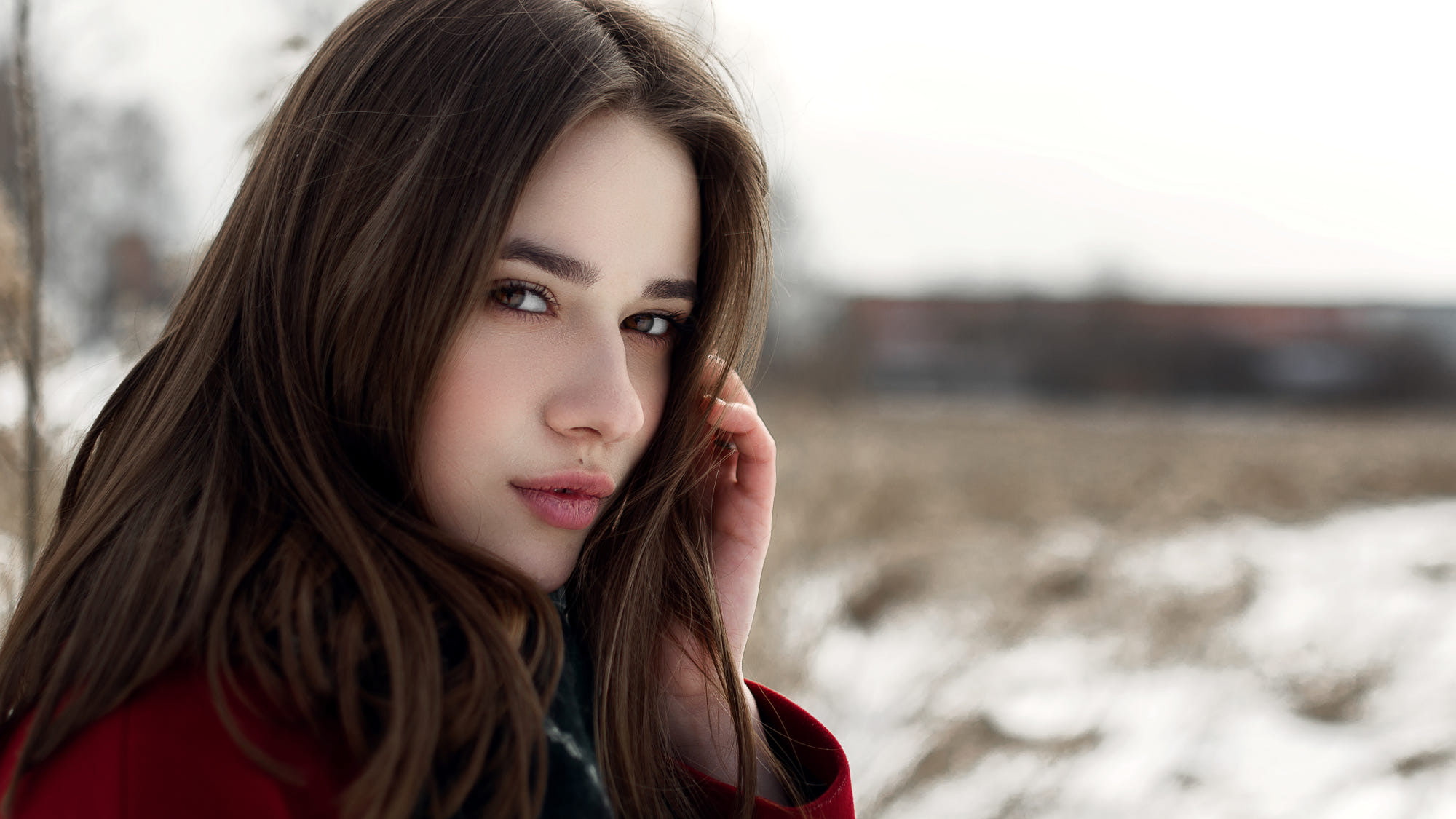 warm clothing, beautiful woman, human face, portrait, red coat, face, long hair, coats, outdoors, headshot, young adult, one person, brown hair, body part, HD Wallpaper