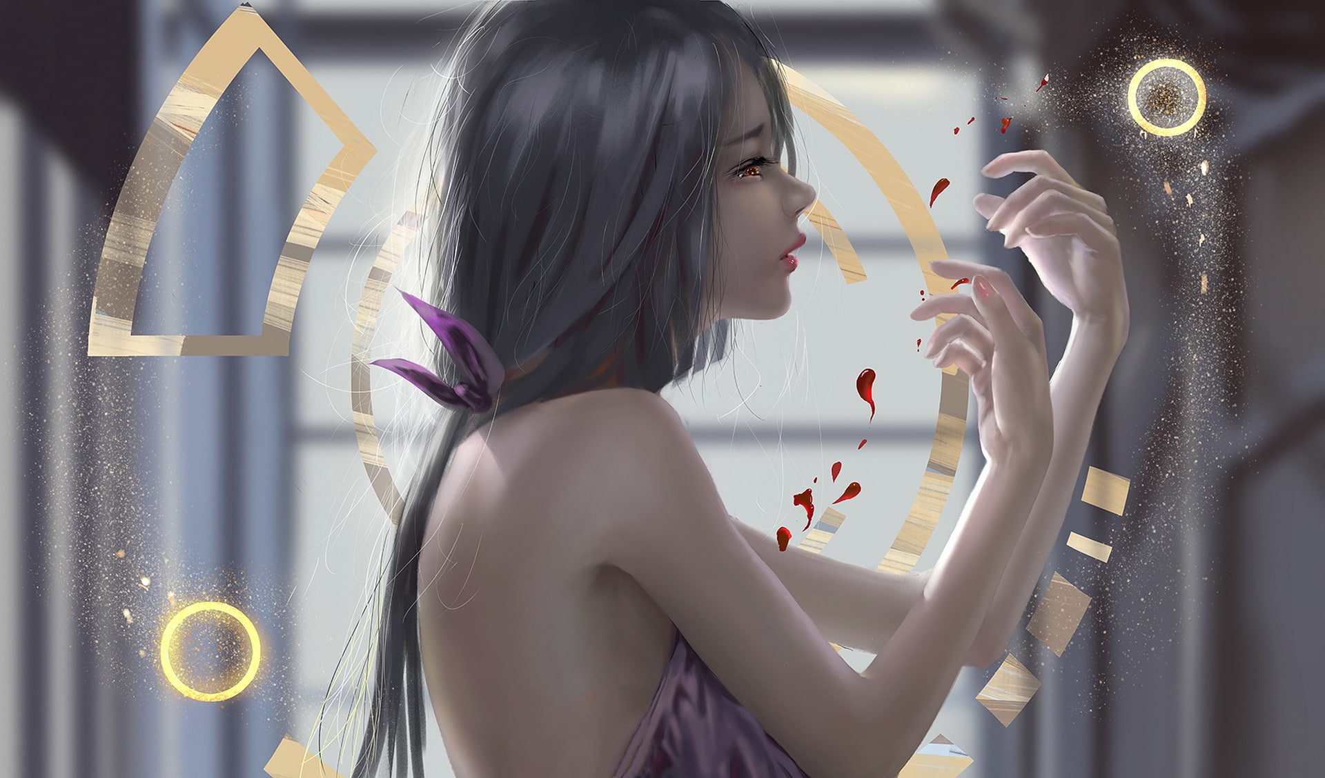 blood, fantasy girl, brunette, 1080P, fantasy art, bare shoulders, artwork, long hair, digital art, girl, symbols, fantasy, Ydiya Kai, HD Wallpaper