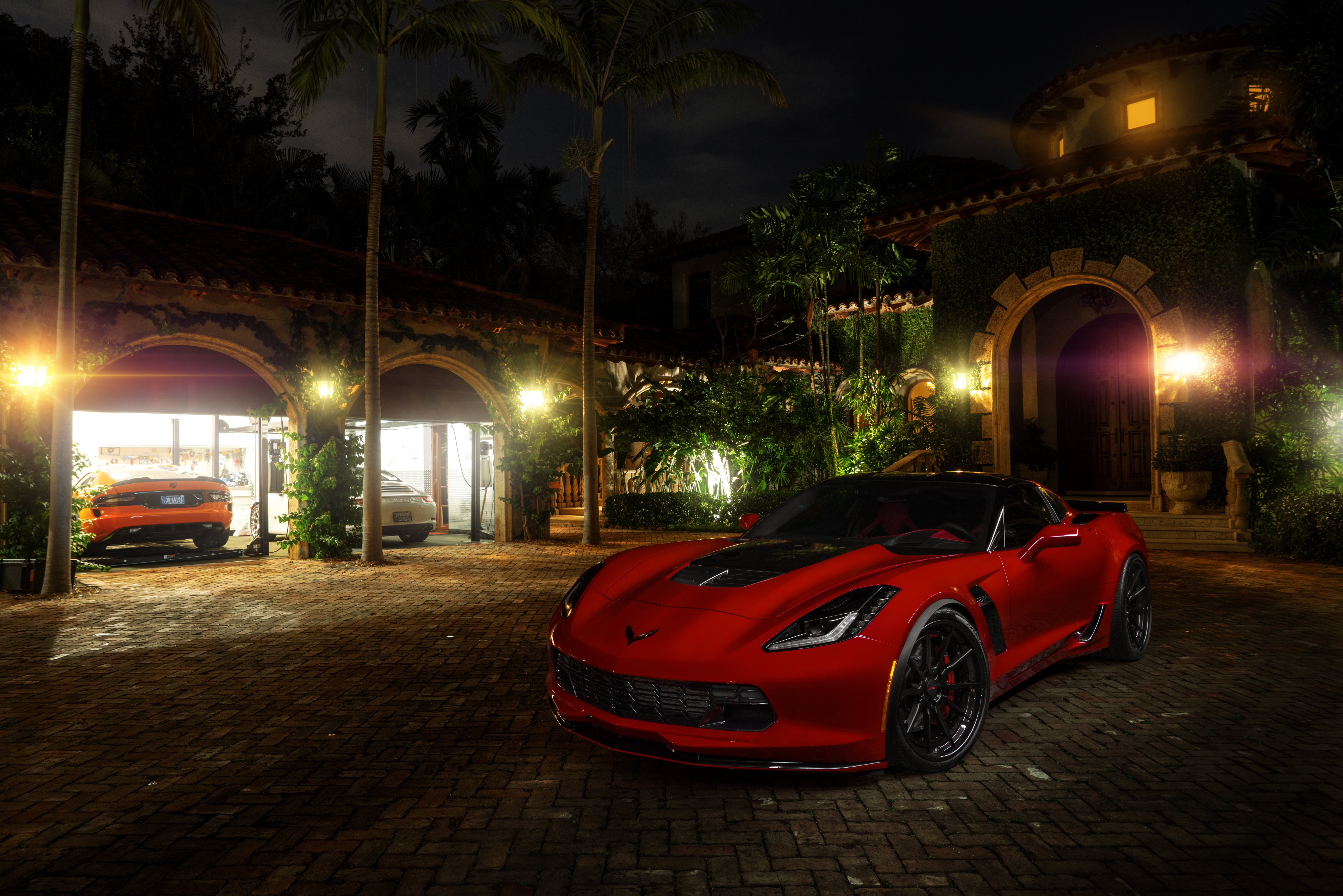 outdoors, transportation, Corvette, tree, Wheels, 5K, no people, built structure, American, Stingray, history, street light, night, Red, building exterior, HD Wallpaper