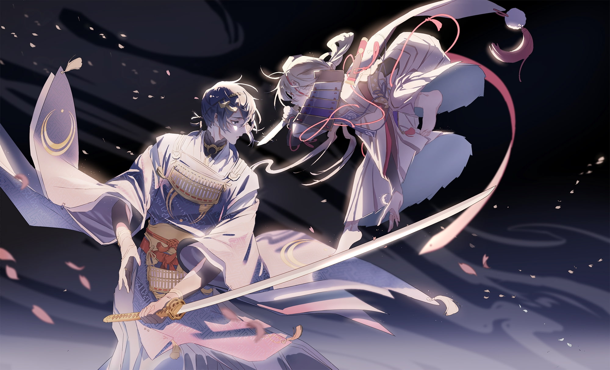 young adult, transportation, illuminated, sword, shoujo, mode of transportation, indoors, fight, petals, three quarter length, representation, imanotsurugi, HD Wallpaper