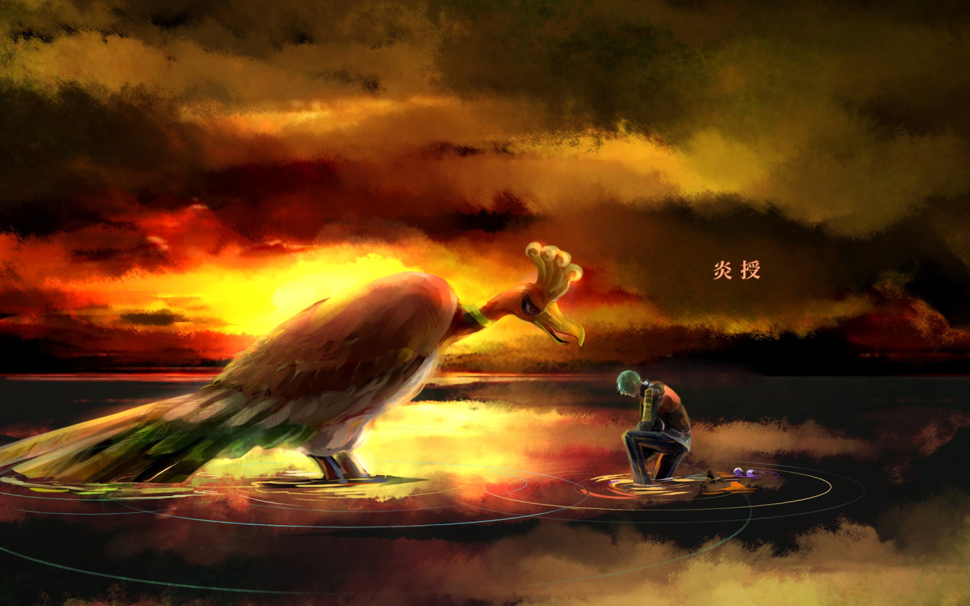 nature, animal wildlife, sky, Crossover, vertebrate, animals in the wild, fire, 1080P, Ho-oh (Pokémon), sunset, cloud - sky, burning, Pokémon, Ichigo Hitofuri, HD Wallpaper