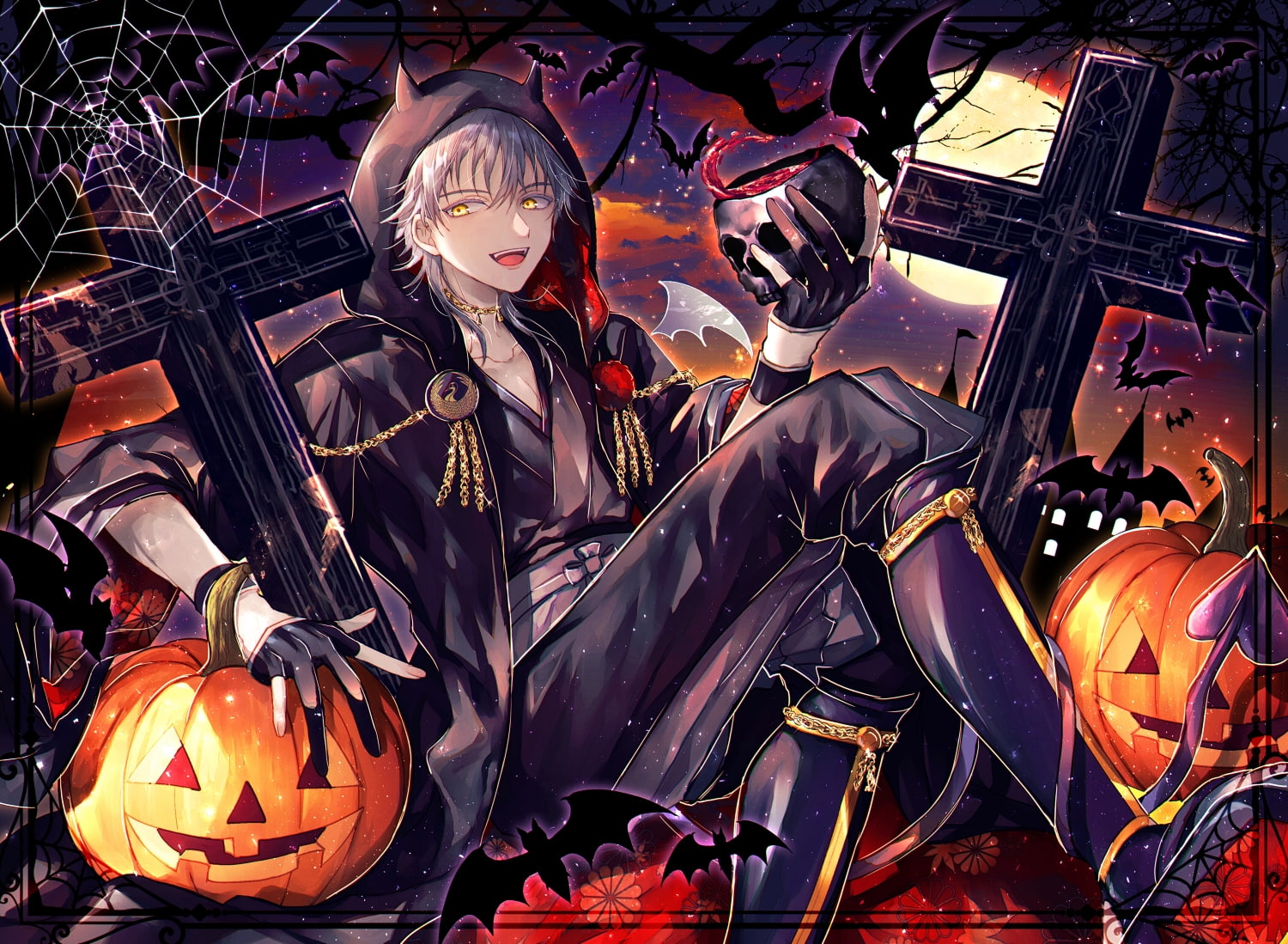 orange color, tsurumaru kuninaga, jack o lantern, 720P, witch, celebration, pumpkins, holiday - event, indoors, shoujo, touken ranbu, halloween, childhood, HD Wallpaper