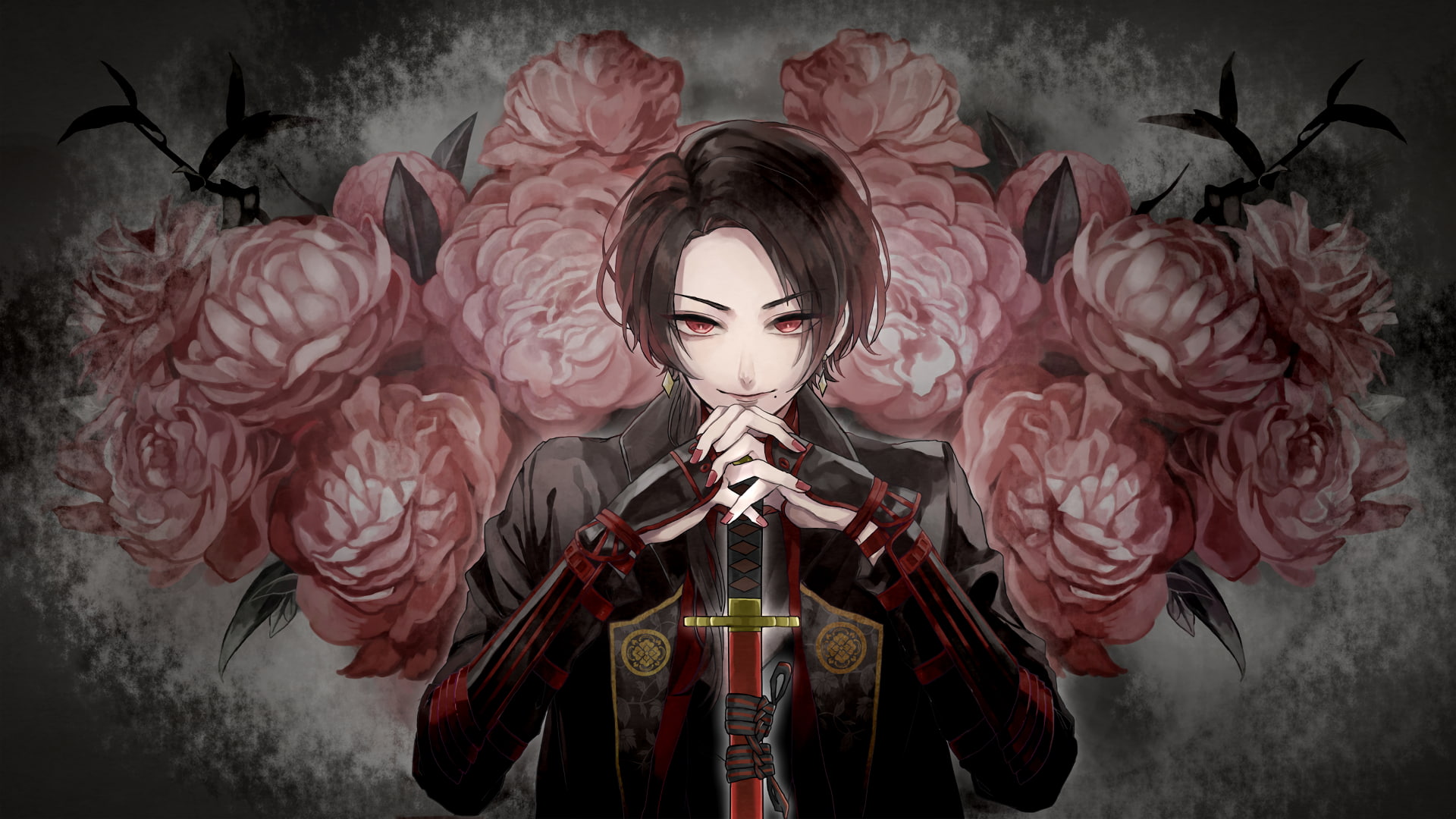 unrecognizable person, disguise, looking at camera, indoors, young adult, waist up, pink rose, obscured face, katana, headdress, smiling, portrait, standing, HD Wallpaper