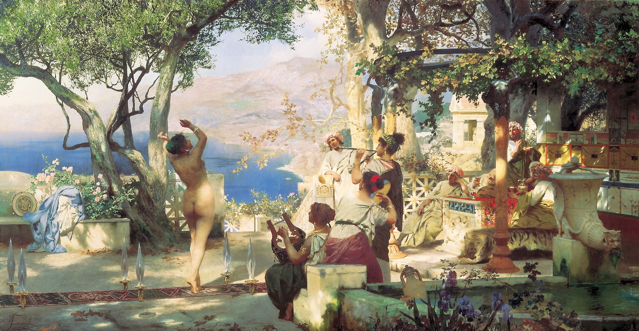 lake, mountains, 1881, oil, Dance among swords, 1080P, Henri semiradzki, Canvas, naked woman, speech, HD Wallpaper