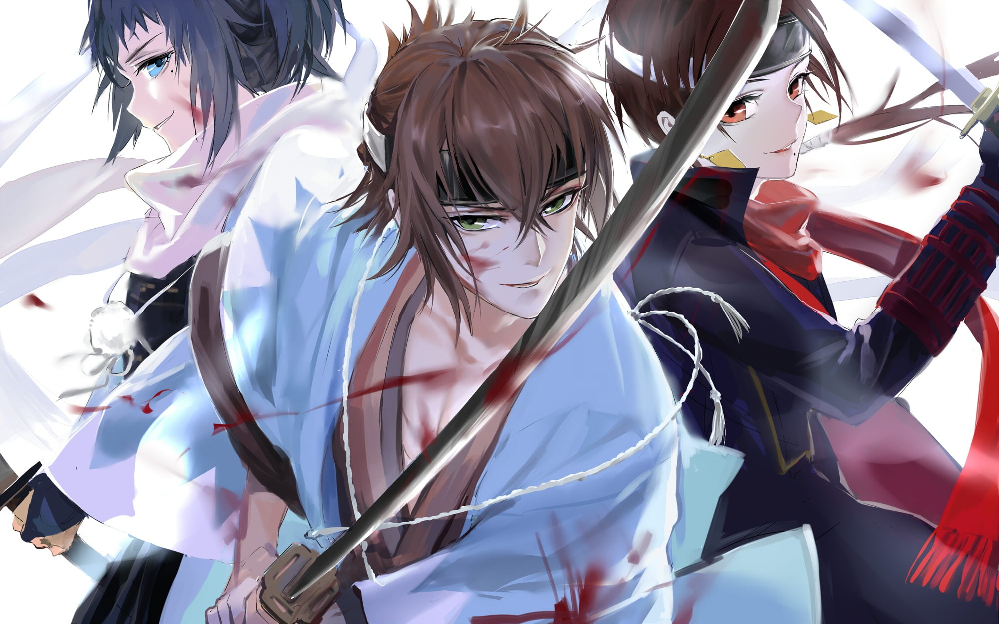Yamato no kami yasusada, Kashu Kiyomitsu, touken ranbu, blood on the face, by qidai, Japanese clothing, back to back, katana, three guys, Dance of swords, HD Wallpaper