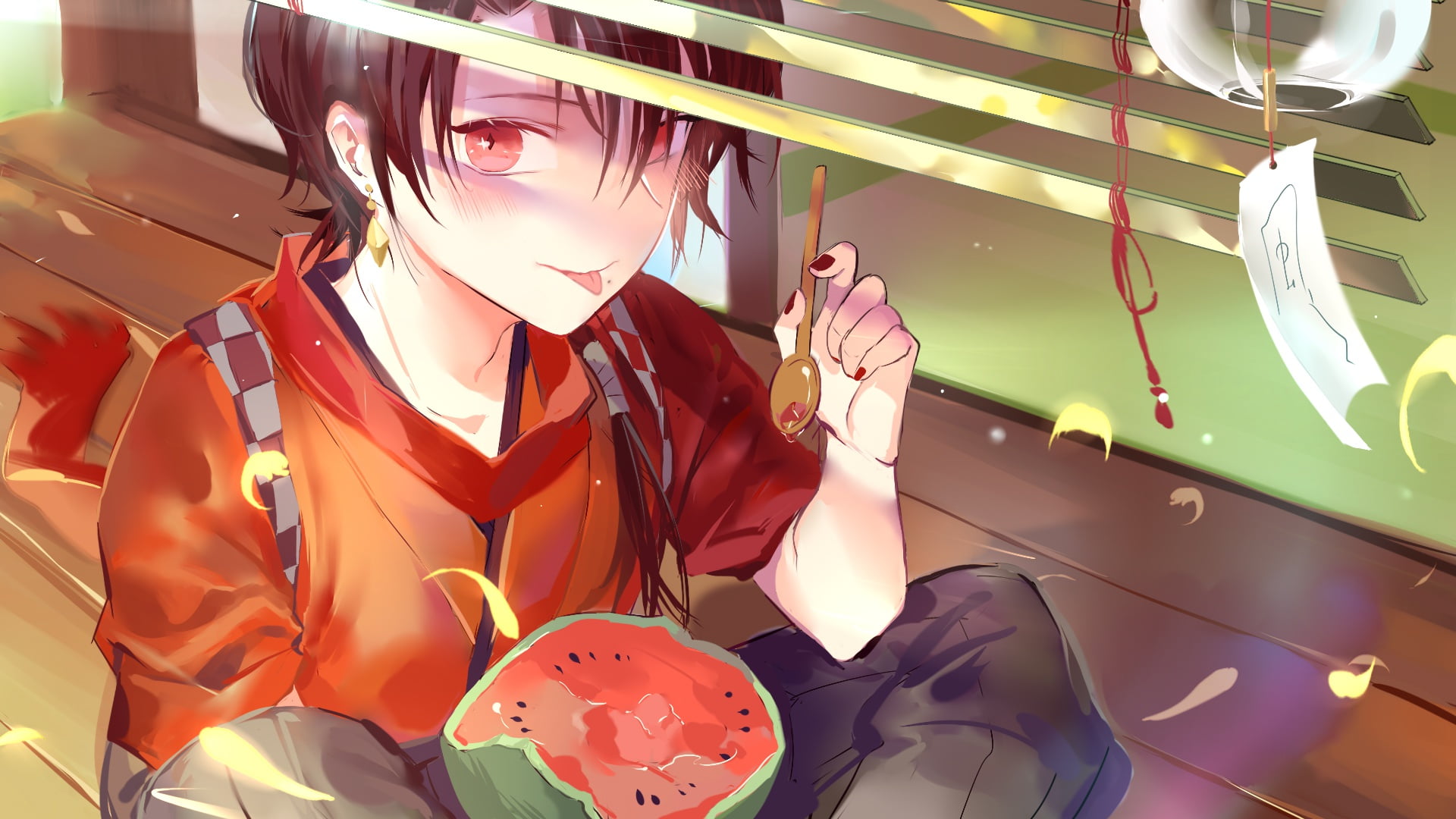 watermelon, by qidai, 1080P, Kashu Kiyomitsu, Dance of swords, Japanese clothing, bell wind, touken ranbu, stuck out his tongue, boy, red eyes, HD Wallpaper