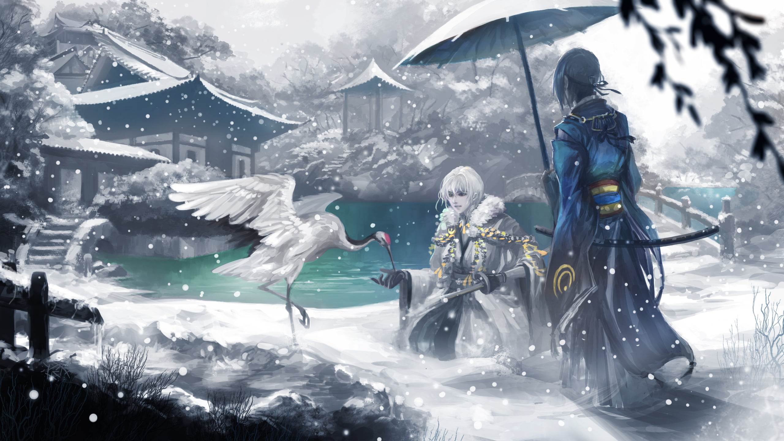 Tsurumaru Kuninaga, 2K, winter, Touken Ranbu, anime, Mikazuki Munechika, HD Wallpaper