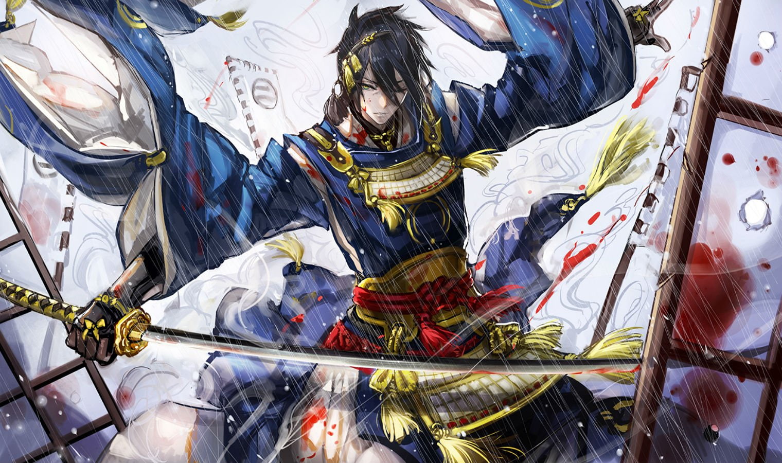 clothes, ranbu, weapon, armor, blood, male, touken, green, ryuuzaki, sword, 720P, all, eyes, japanese, gloves, munechika, short, katana, ichi, mikazuki, HD Wallpaper