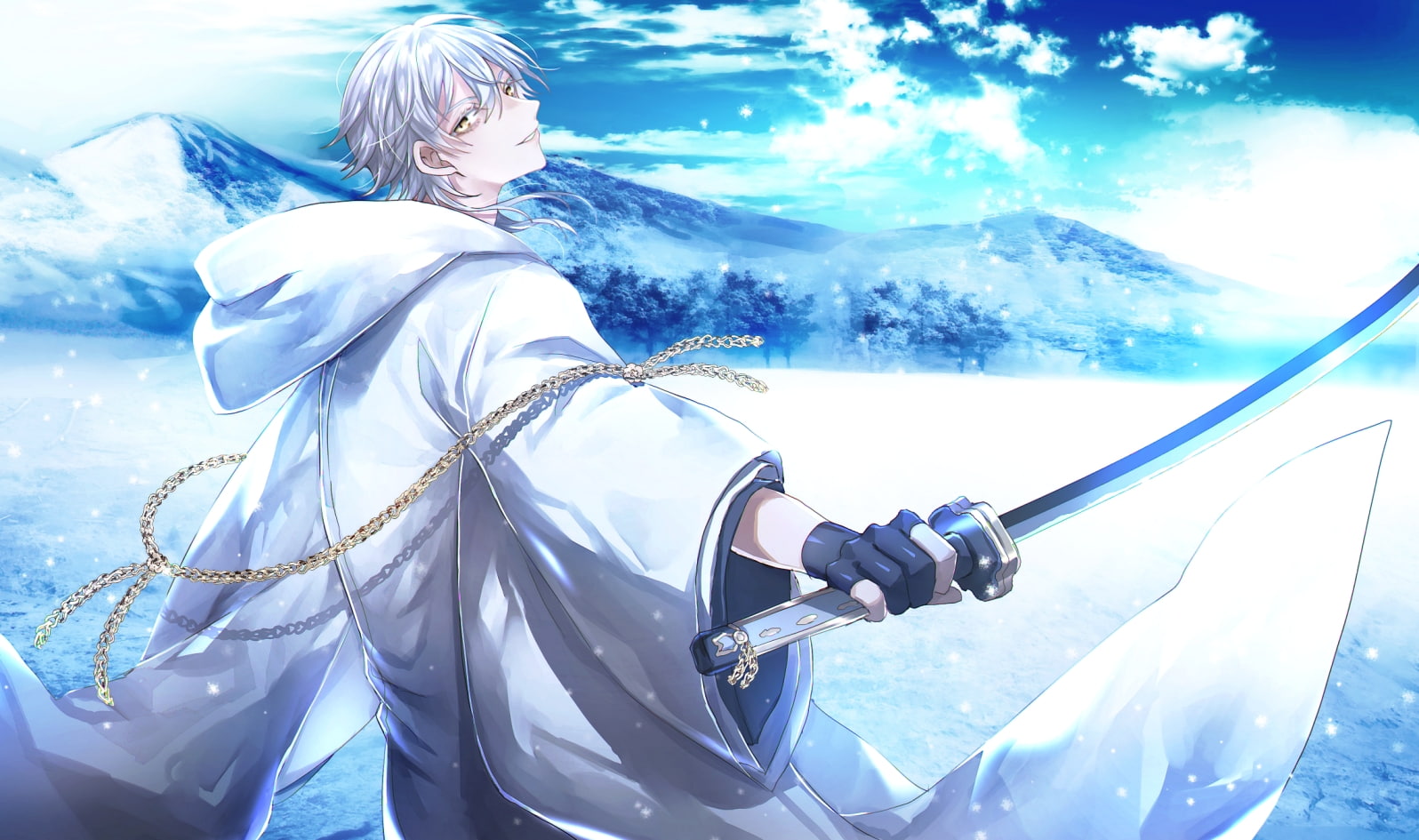 sunlight, tsurumaru kuninaga, white hair, lifestyles, young adult, clothing, outdoors, one person, hood, Anime, women, mountain, shoujo, cloud - sky, holding, HD Wallpaper