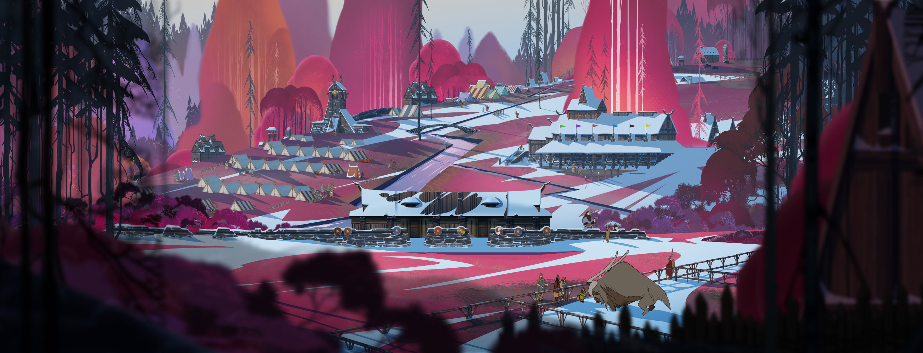 building, day, architecture, built structure, red, building exterior, cold temperature, 2K, the banner saga video games artwork concept art digital art, HD Wallpaper