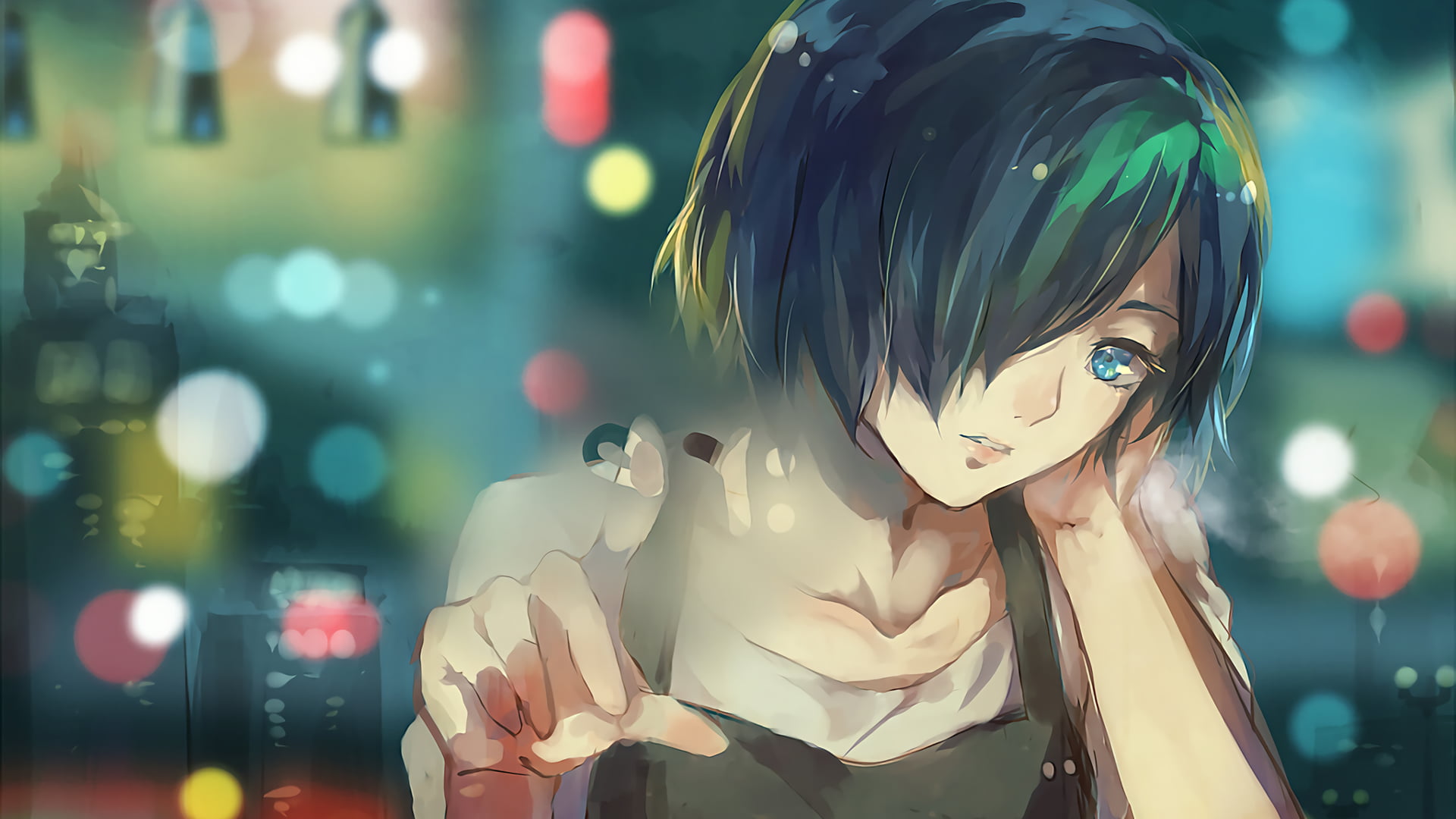 anime, representation, fashion, headshot, illuminated, night, backgrounds, beauty, glamour, illustration, Tokyo Ghoul, haired, blue eyes, anime girls, green, HD Wallpaper