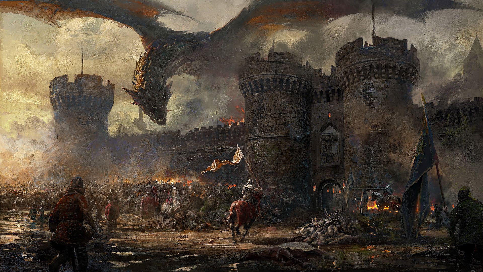 fire, fantasy art, knight, wall, Eragon, Cavalry, army, dragon, smoke, siege, 1080P, banner, HD Wallpaper