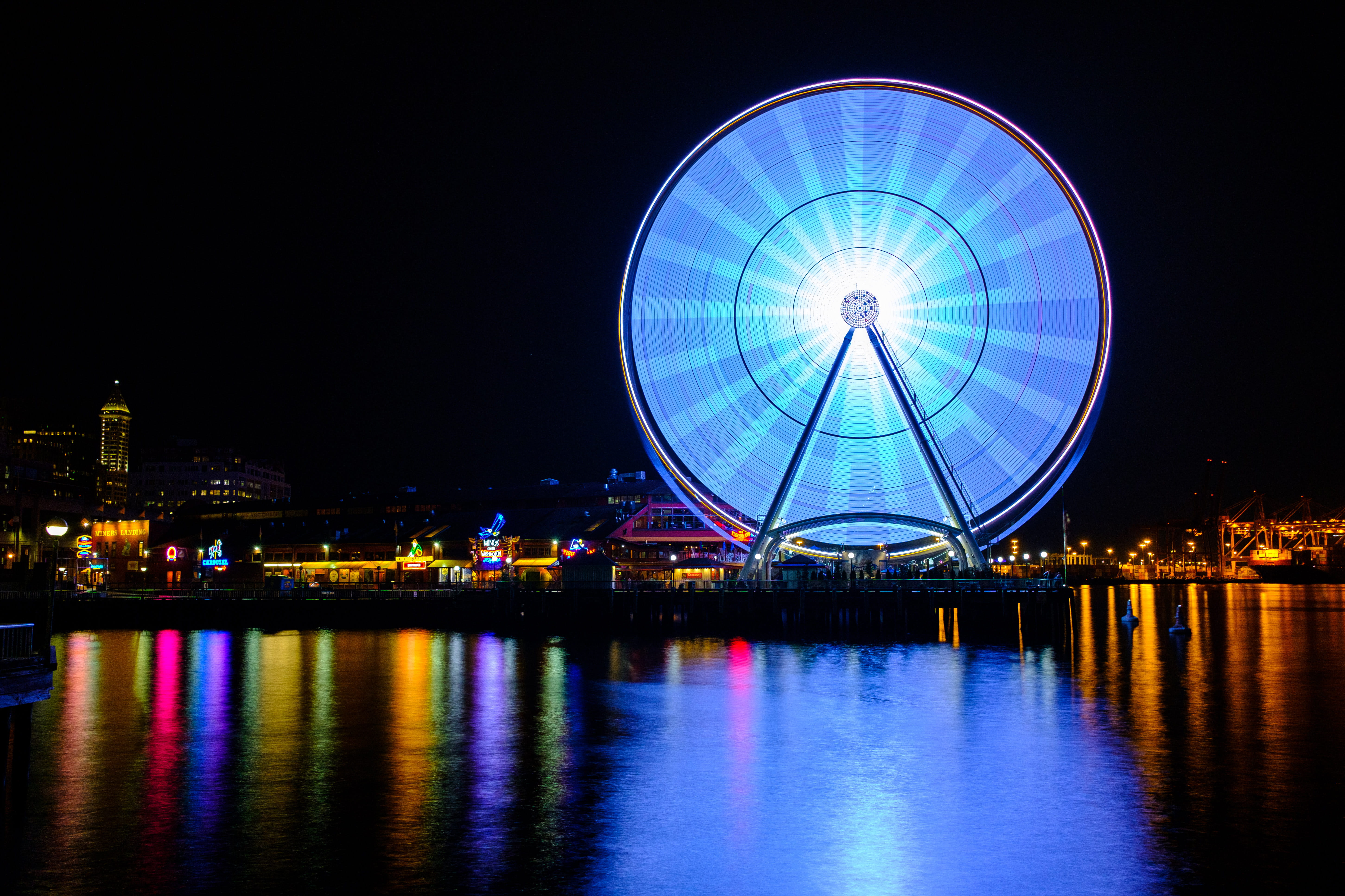 travel destinations, waterfront, amusement park ride, neon, city, town, water, colorful, lighting, reflection, 5K, architecture, nightlife, theme park, HD Wallpaper
