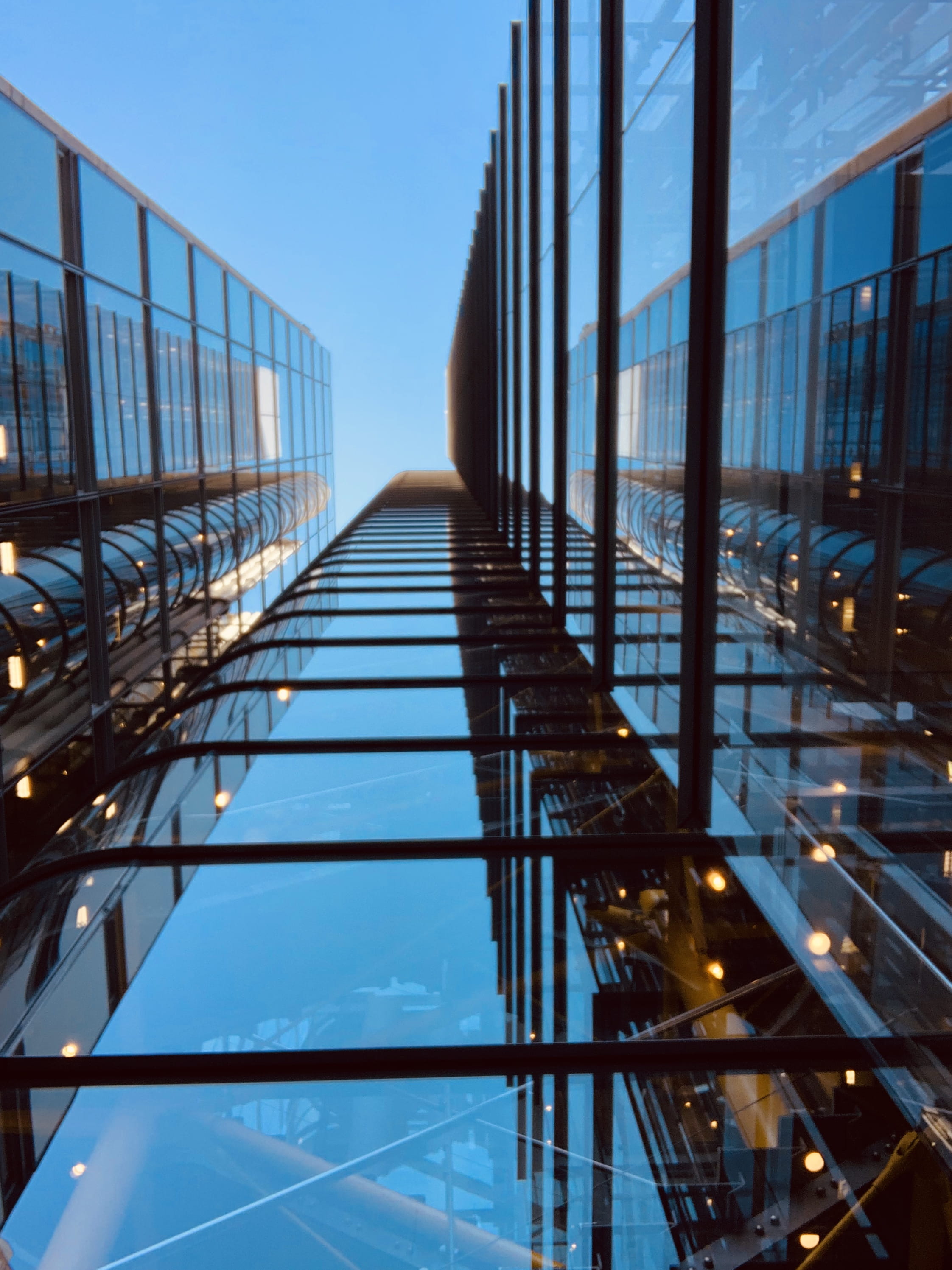 sunlight, blue, glass - material, window, staircase, high rise, sky, day, connection, building exterior, office building exterior, 88 wood st, united kingdom, Phone HD Wallpaper