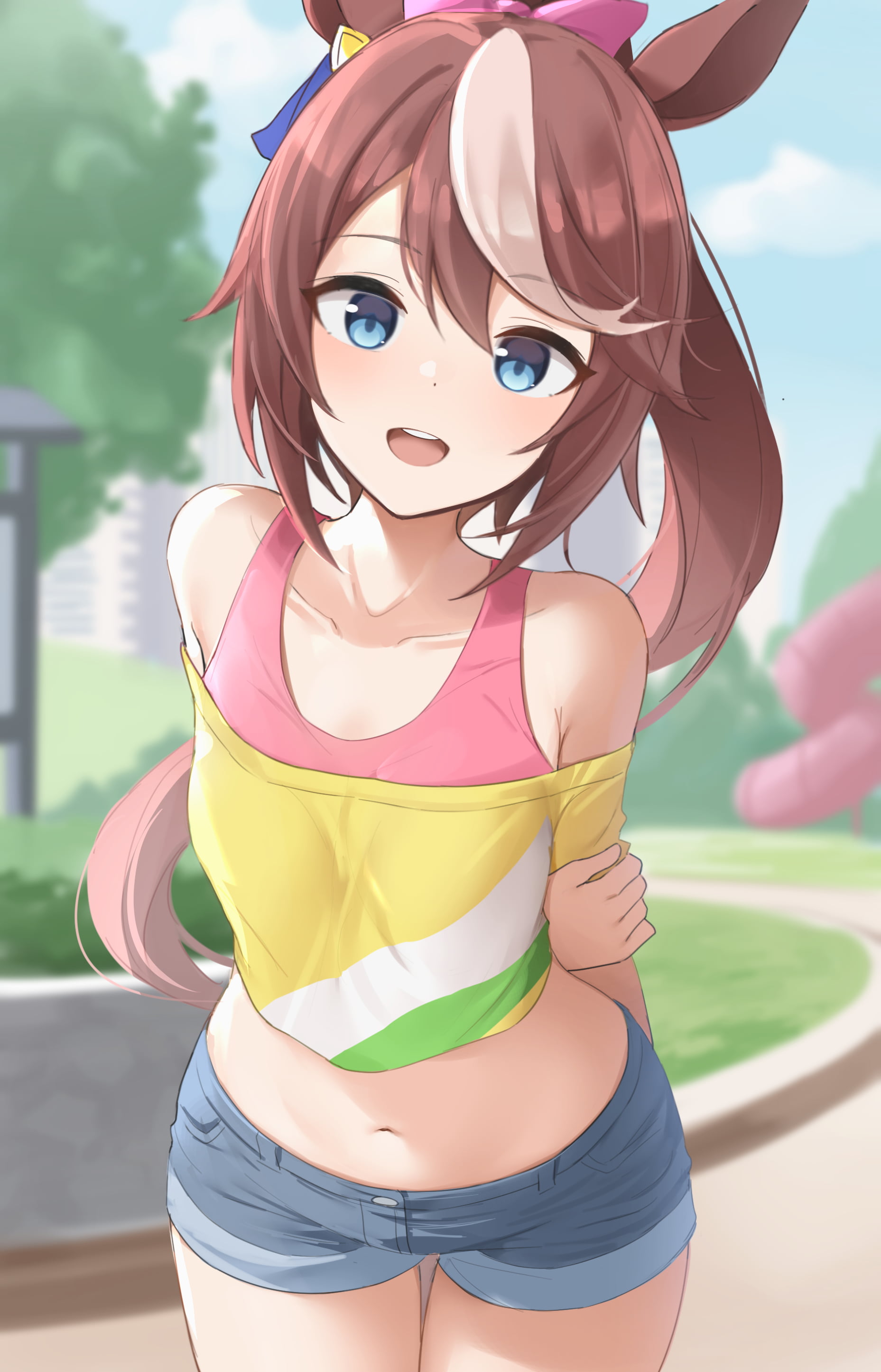 bare midriff, Tokai Teio (Uma Musume), smiling, anime girls, long hair, Shengtian, blue eyes, short pants, Uma Musume Pretty Derby, 2K, Phone HD Wallpaper