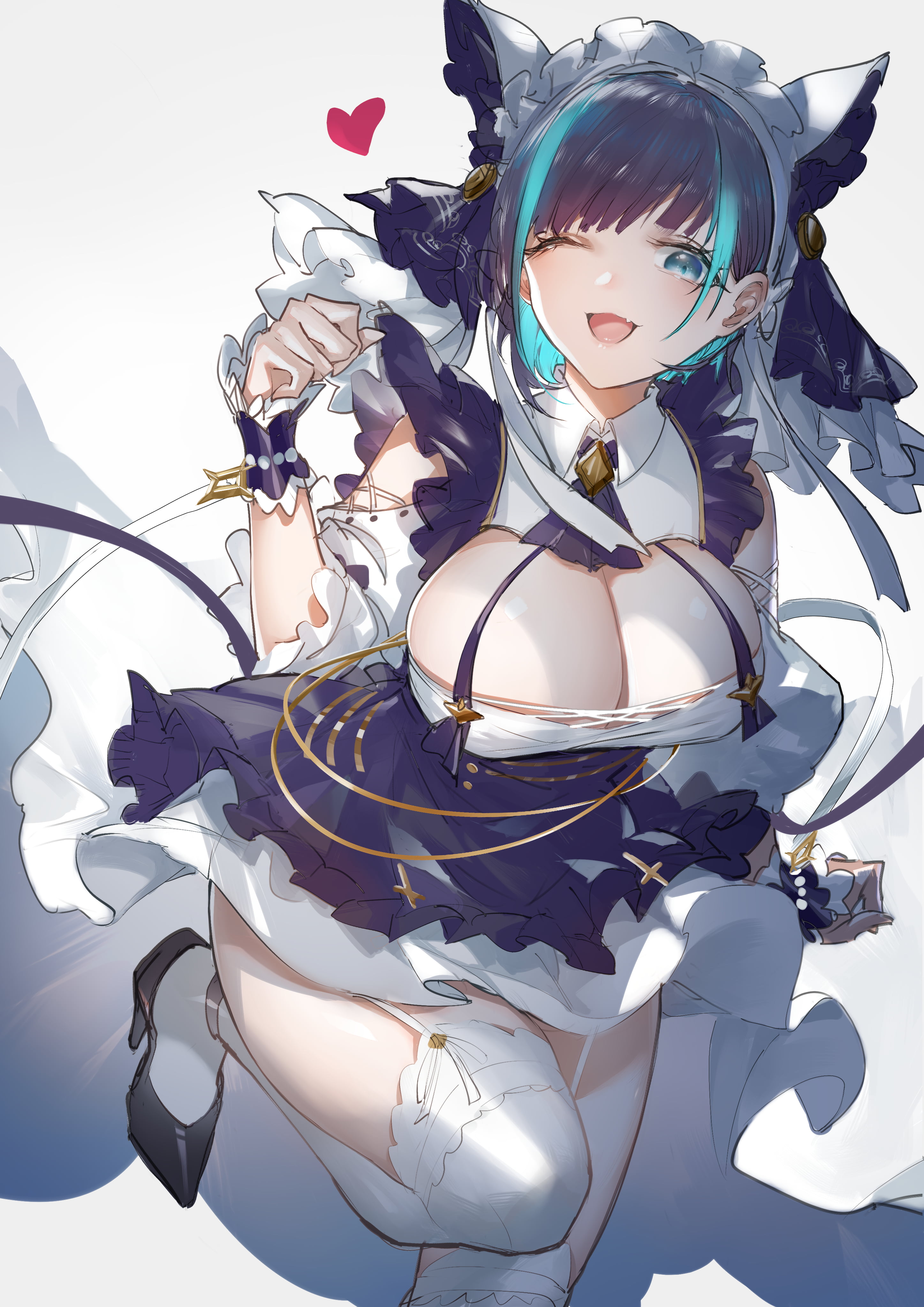 portrait display, fan art, maid, artwork, illustration, stockings, bangs, looking at viewer, white stockings, garter straps, maid outfit, digital art, cleavage, Phone HD Wallpaper