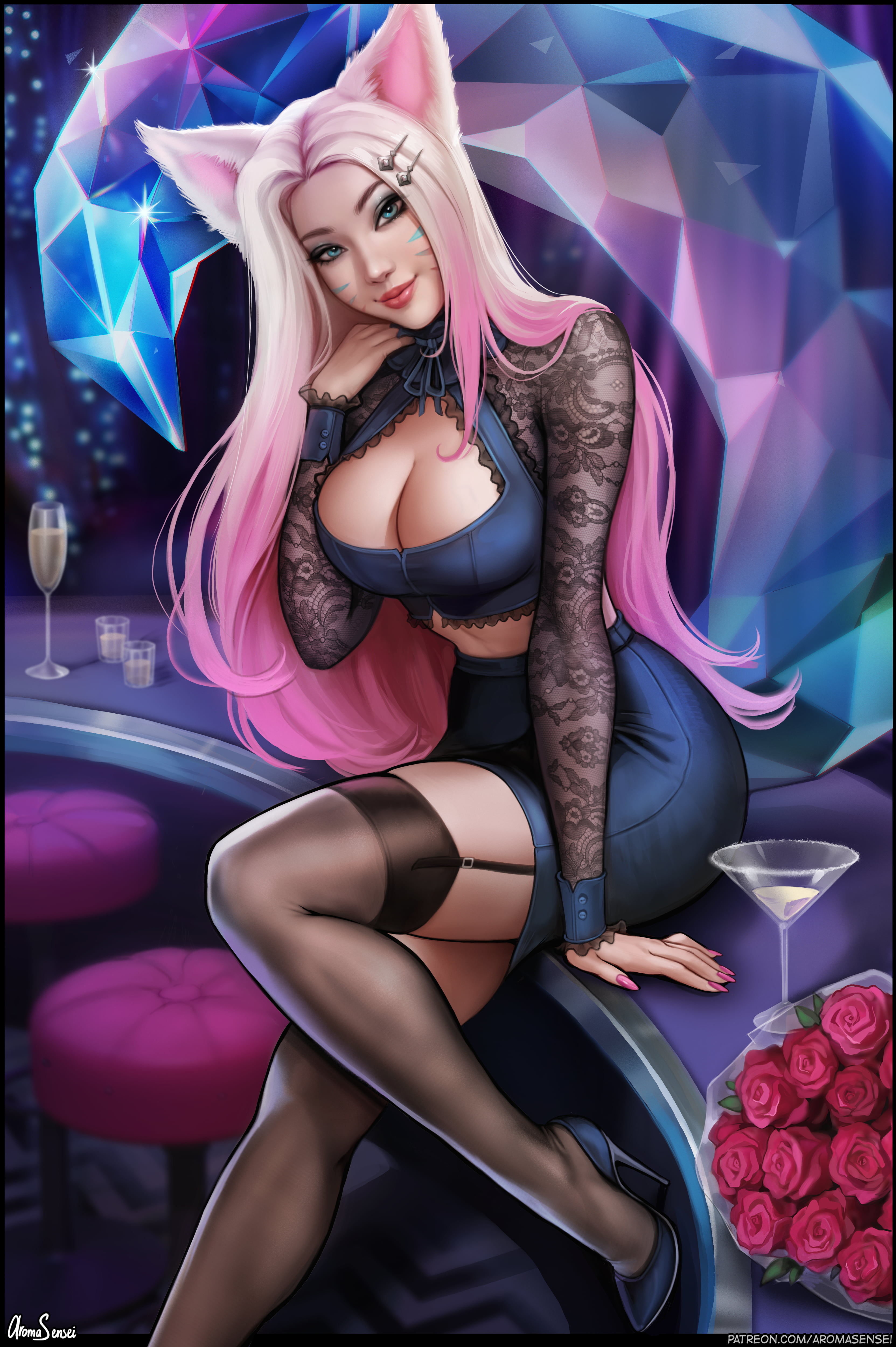 illustration, black tops, drawing, animal ears, cleavage, stockings, 2D, Aroma Sensei, Ahri (League of Legends), night club, fan art, fantasy girl, K/DA, Phone HD Wallpaper