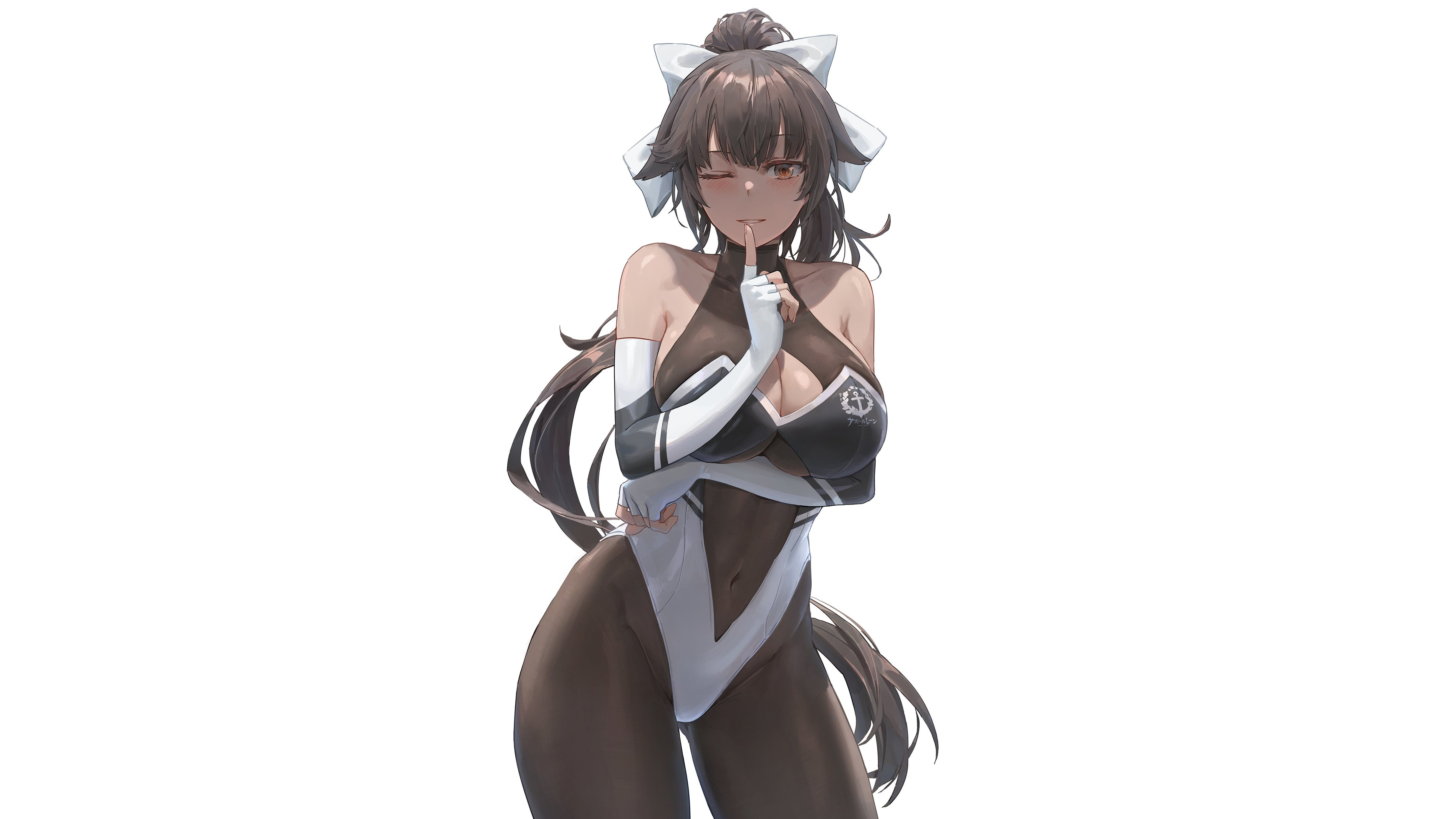 Takao (Azur Lane), bodysuit, leotard, long hair, cleavage, simple background, wink, thighs, big boobs, boobs, Style, 4K, looking at viewer, anime, women, HD Wallpaper