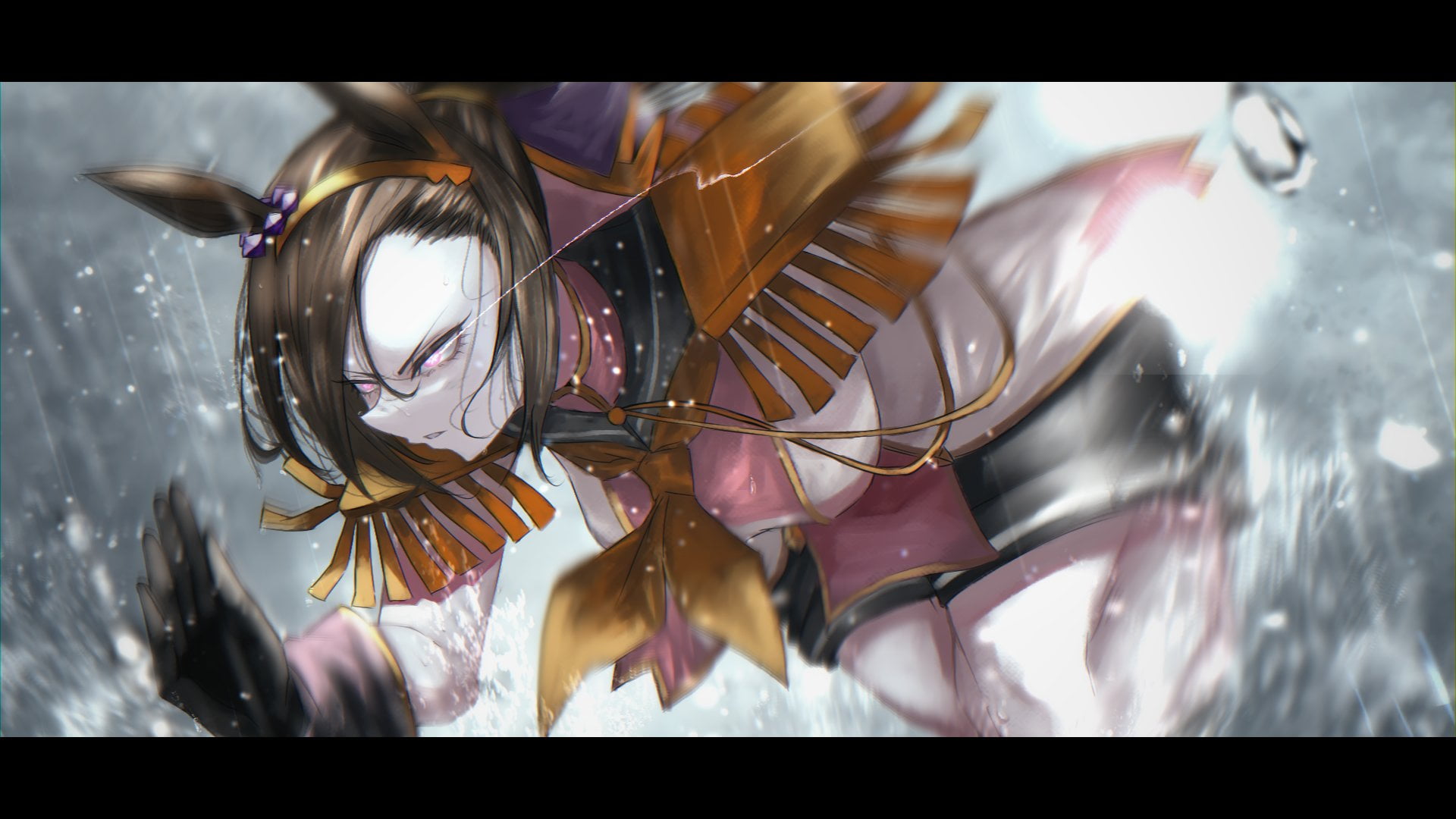 water drops, black gloves, horse girls, thighs, brunette, fan art, parted lips, symbol-shaped pupils, ponytail, long hair, rain, 2D, bangs, animal ears, HD Wallpaper