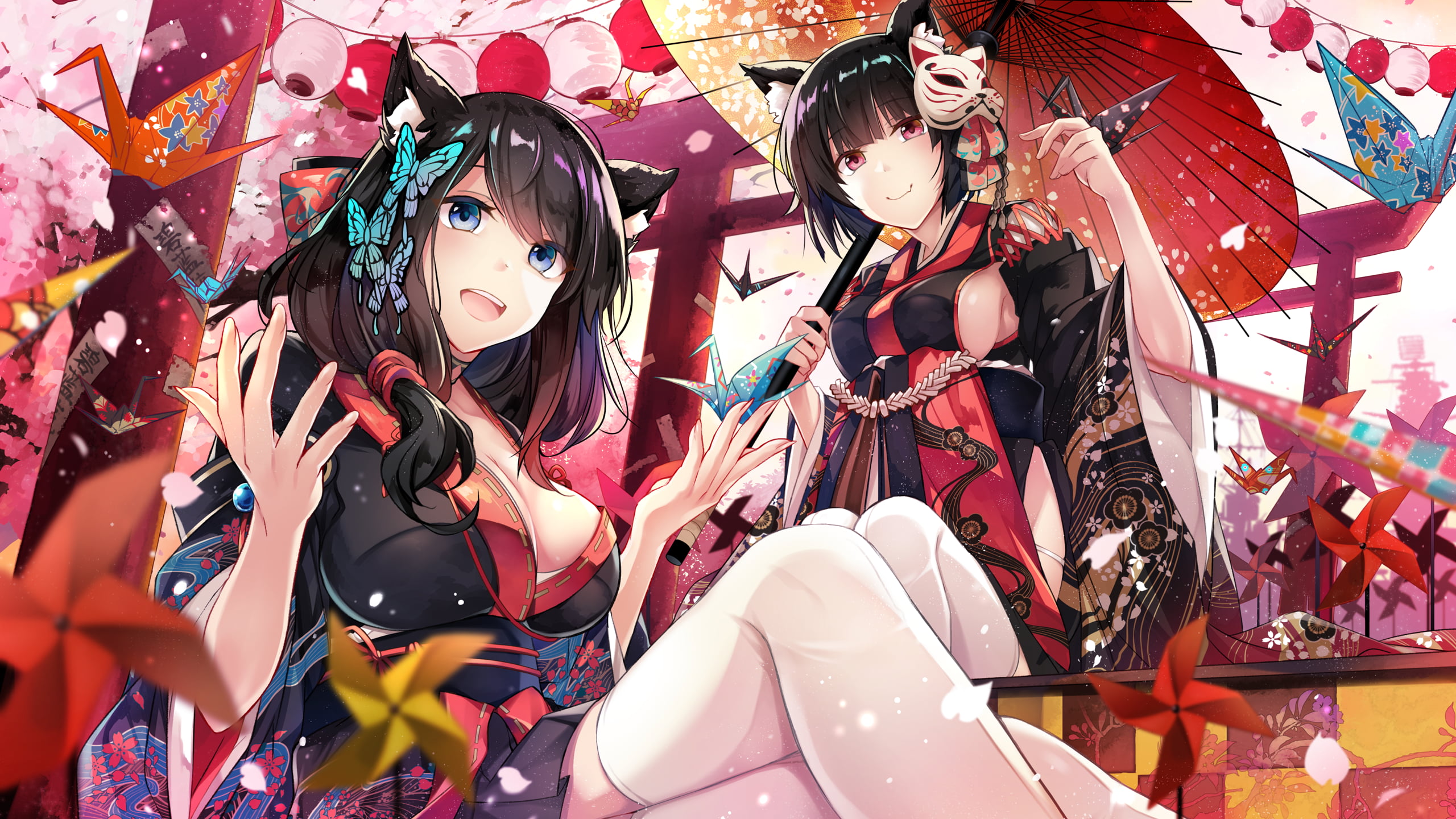 Azur Lane, cat ears, wafuku, nekomimi, 2K, cat girl, cherry blossom, kimono, anime, Yamashiro (Azur Lane), Fusou (Azur Lane), animal ears, stockings, Hirai Yuzuki, HD Wallpaper
