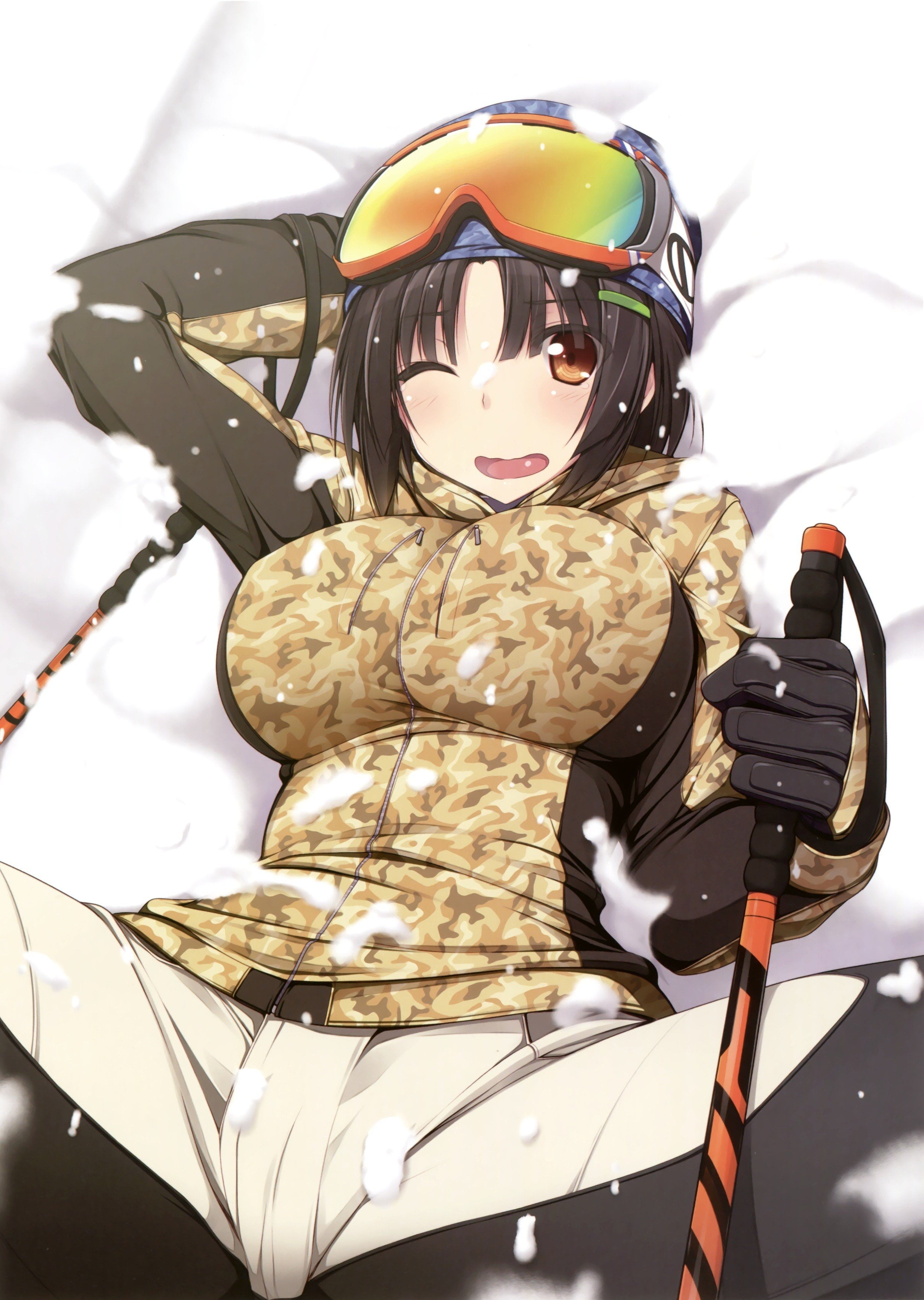big boobs, snow, snowing, brown eyes, brunette, blush, lying down, 2K, Phone HD Wallpaper