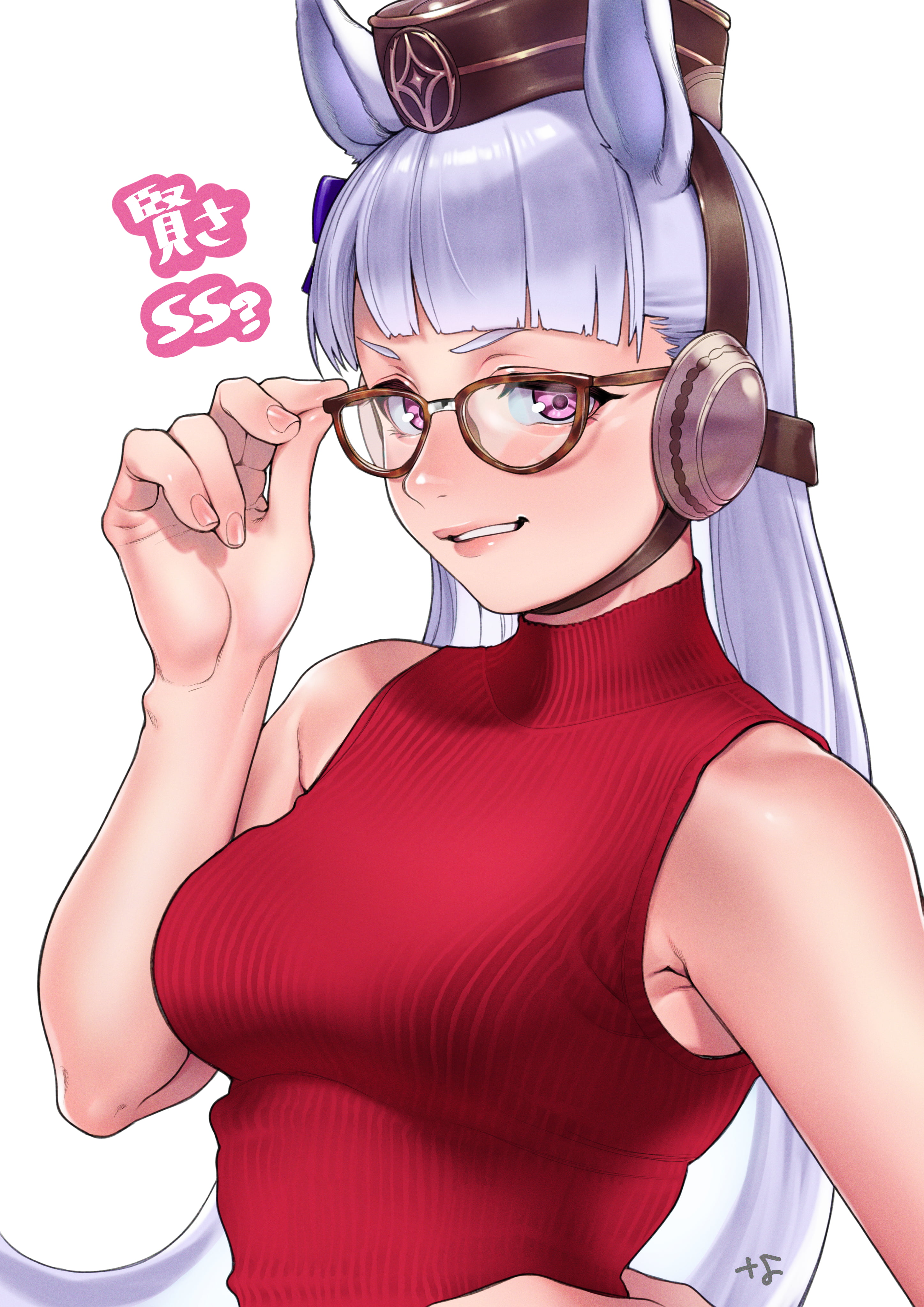 ear muffs, silver hair, big boobs, red sweater, Gold Ship (Uma Musume), animal ears, long hair, parted lips, purple eyes, blunt bangs, solo, Nanja (artist), Phone HD Wallpaper