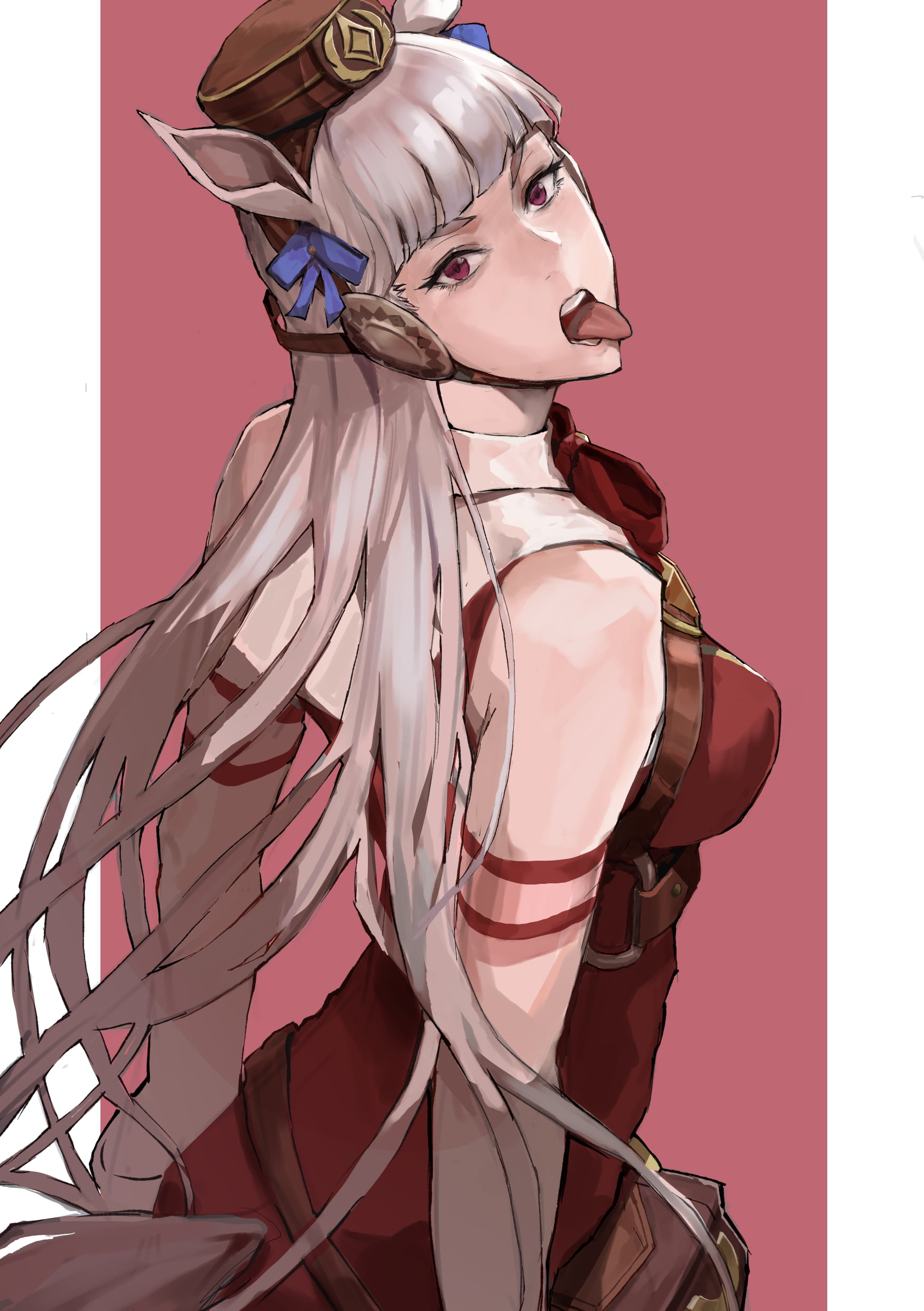 looking at viewer, 1080P, side view, blunt bangs, hat, fan art, long hair, simple background, anime girls, artwork, leather belt, ear muffs, red dress, Phone HD Wallpaper
