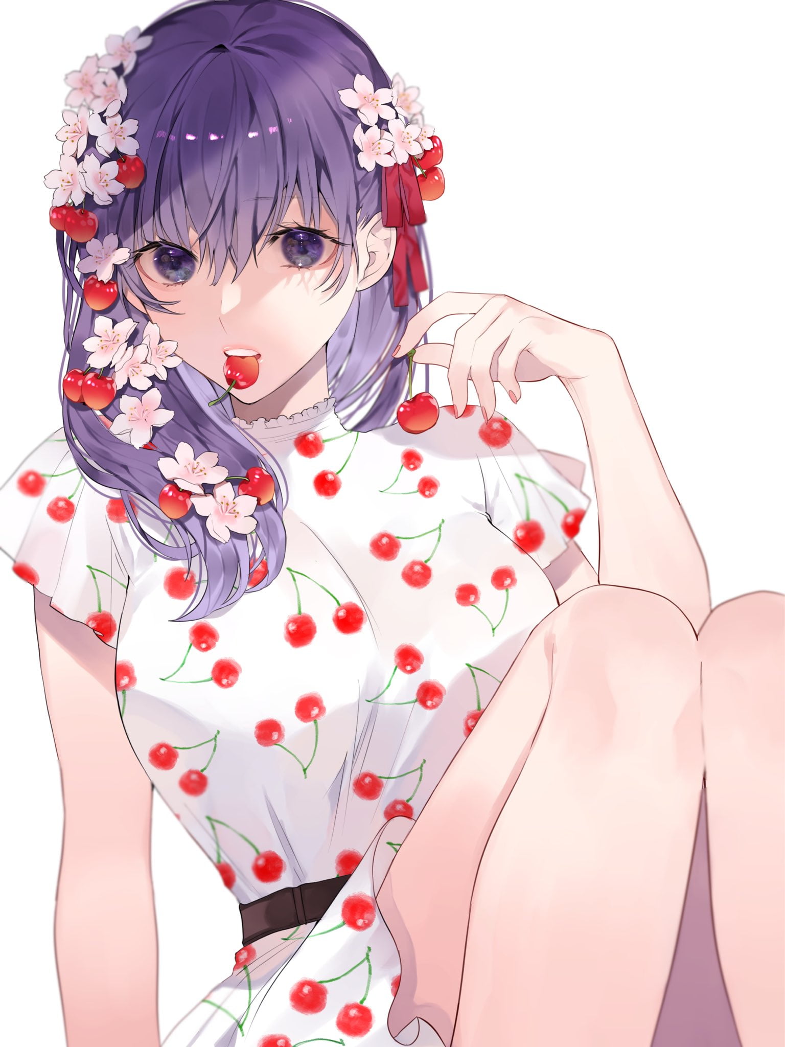 Fate/Stay Night, cherry blossom, female only, anime, looking at viewer, big boobs, fate/stay night: heavens feel, white dress, long hair, alternate outfit, Phone HD Wallpaper