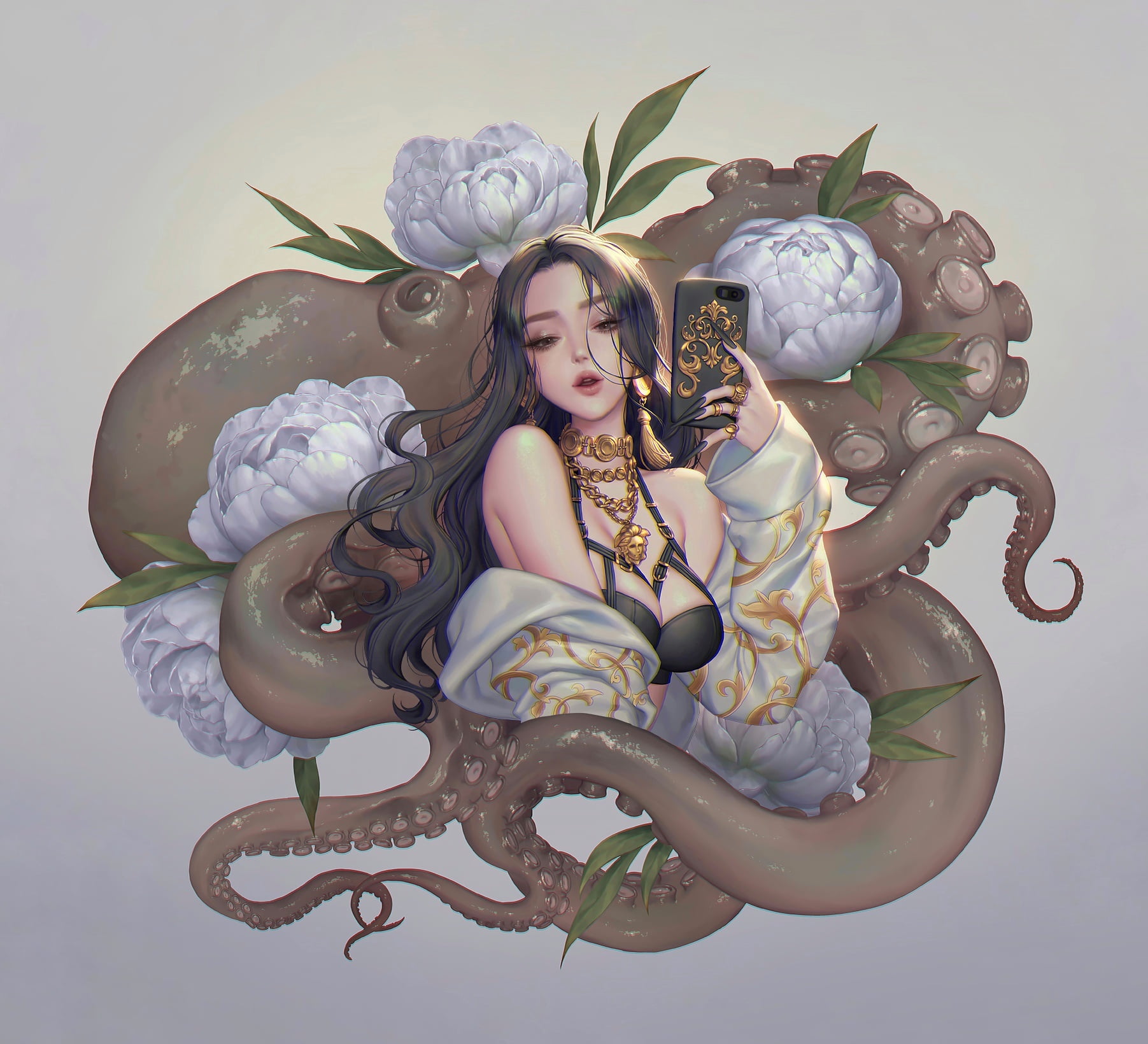 anime, selfies, big boobs, love cacao, octopus, bar, phone, lips, long hair, long nails, 720P, anime girls, HD Wallpaper