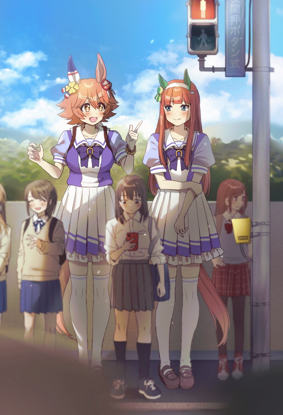 big boobs, Uma Musume Pretty Derby, JK, frills, tail, orange eyes, long hair, small boobs, artwork, backpacks, road, animal ears, blushing, vertical, open mouth, Phone HD Wallpaper