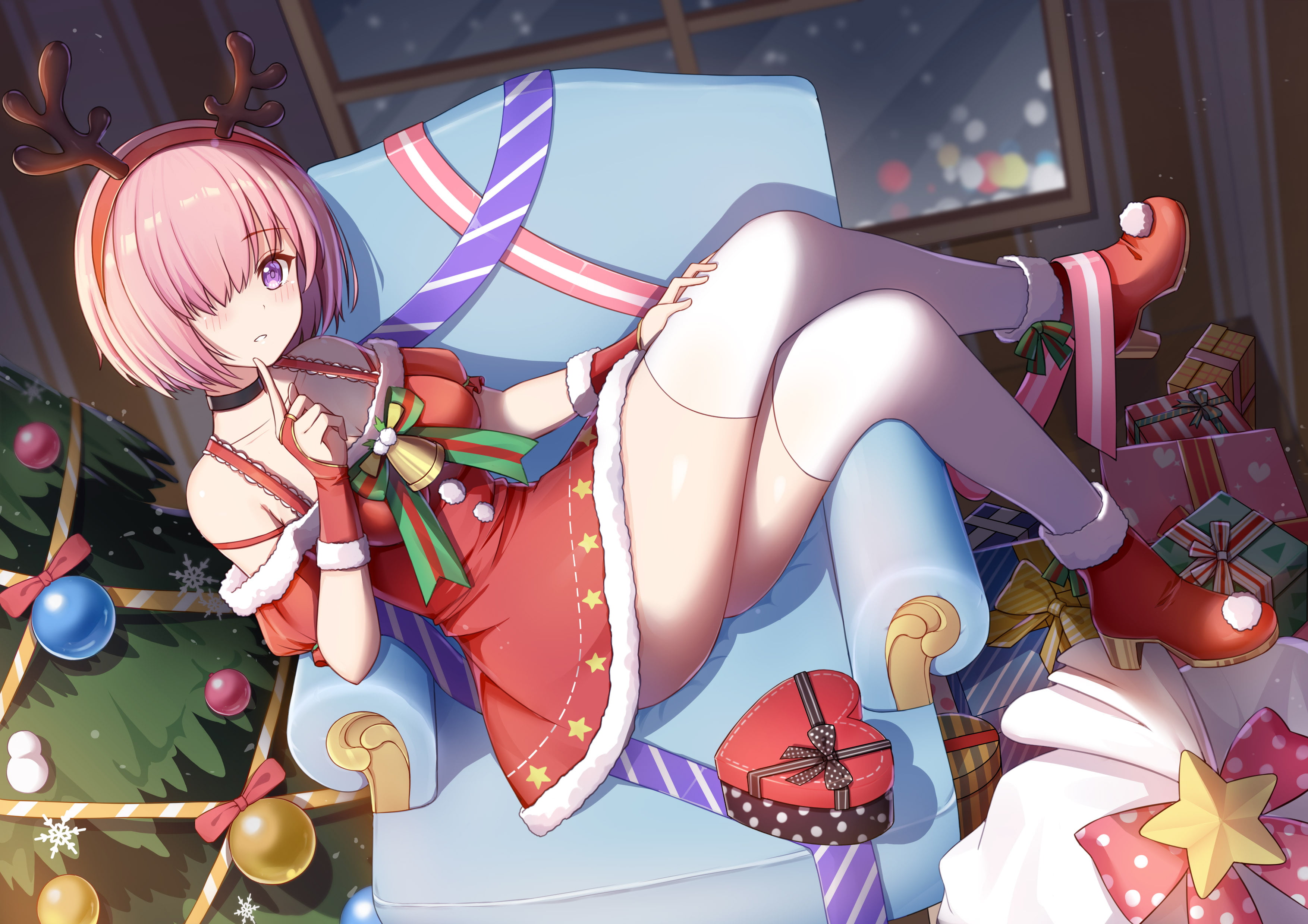 Mash Kyrielight, purple eyes, 2K, Fate/Grand Order, Christmas, pink hair, white stockings, HD Wallpaper