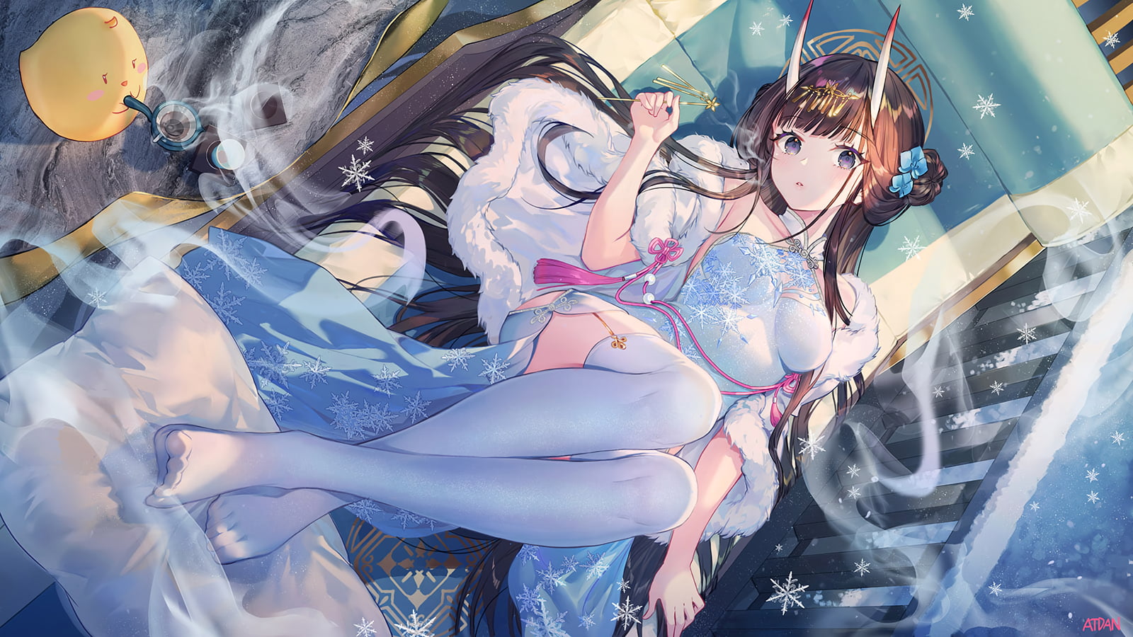demon horns, Noshiro (Azur Lane), brunette, Azur Lane, purple eyes, white stockings, 720P, HD Wallpaper