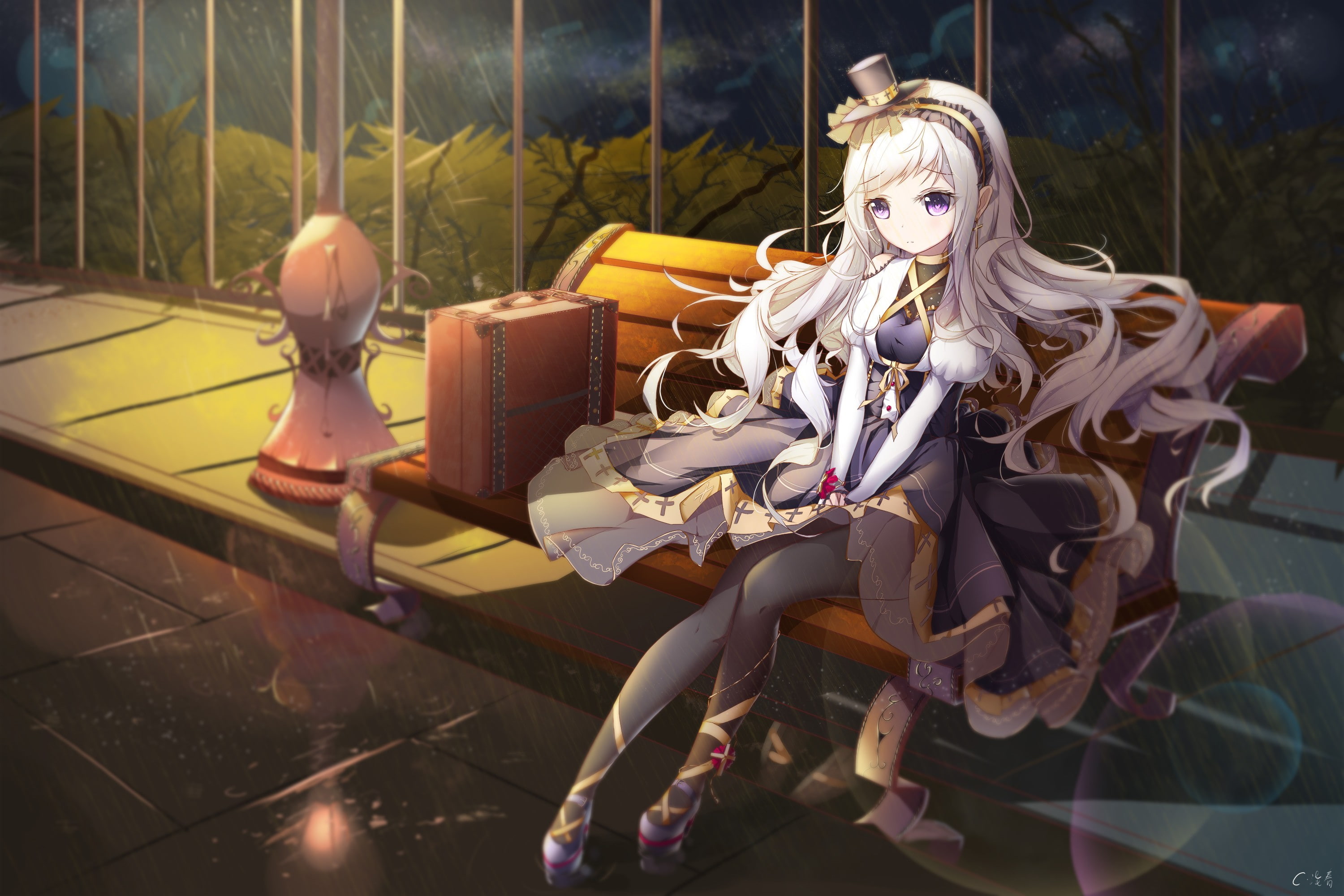 people, female likeness, 2K, celebration, lolita, anime, rain, anime girls, representation, sunlight, day, long hair, nature, window, stockings, gray hair, HD Wallpaper