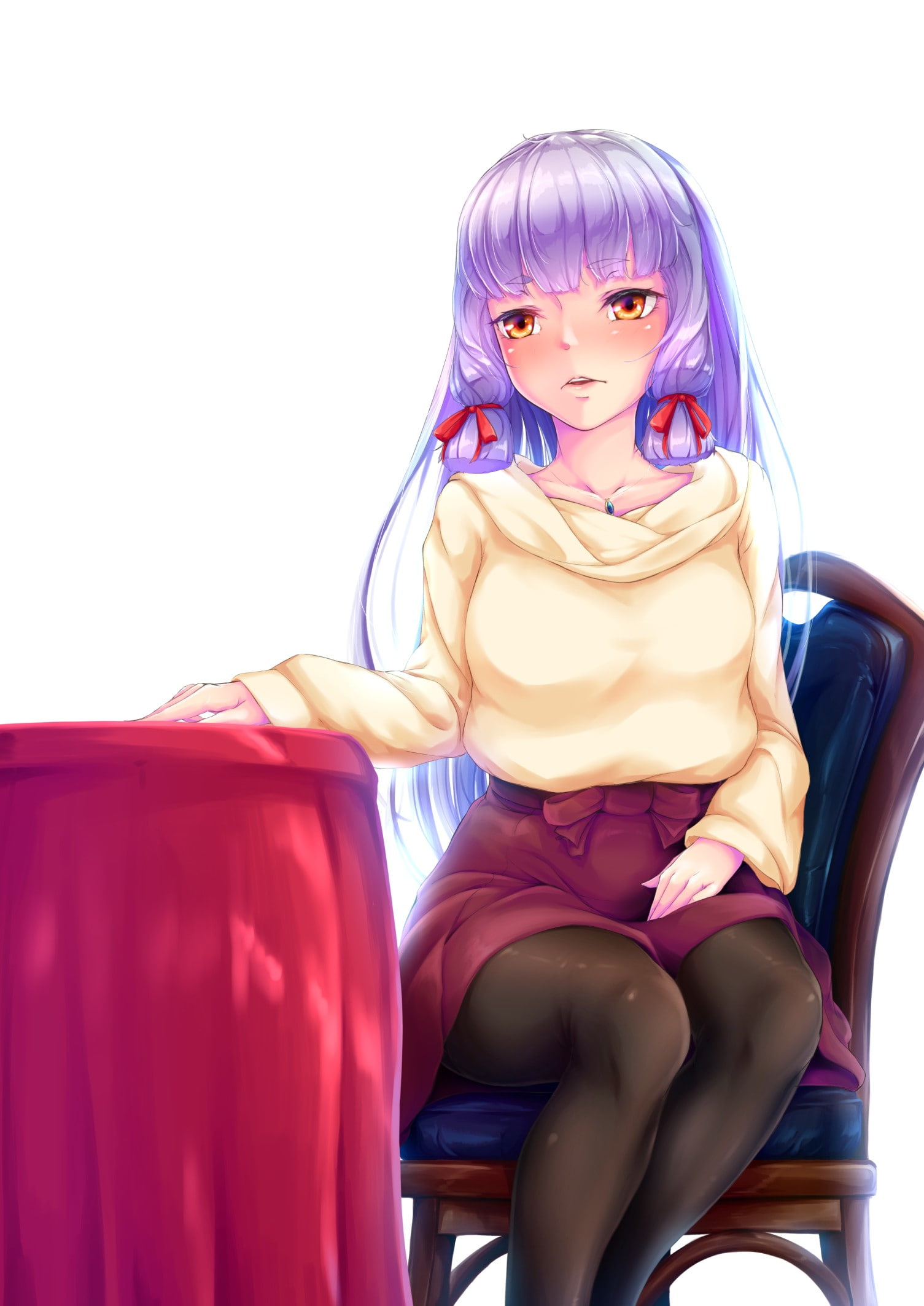 purple, portrait, long hair, sitting, adult, sweater, indoors, brightly lit, front view, hairstyle, females, 1080P, looking at camera, stockings, one person, Phone HD Wallpaper