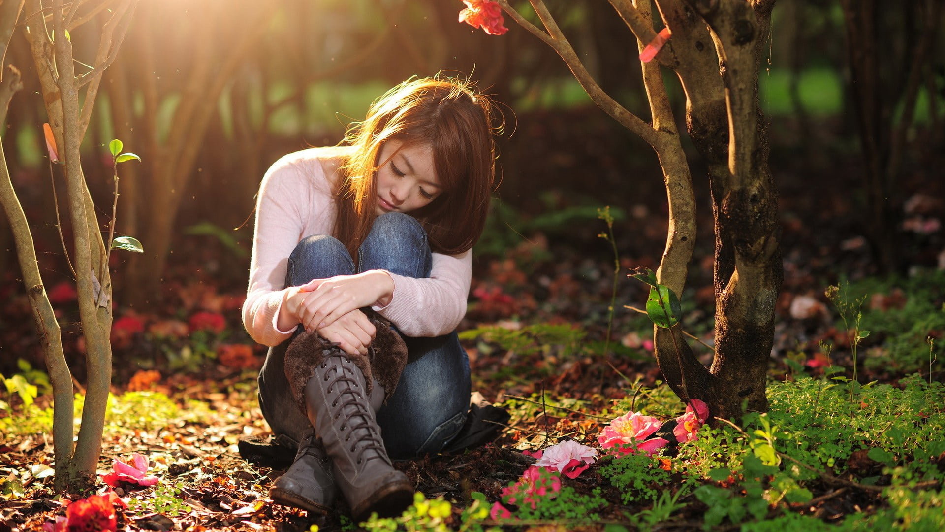 Asian, child, one person, blond hair, nature, hairstyle, model, full length, grass, casual clothing, brunette, white tops, childhood, jeans, tree, contemplation, HD Wallpaper