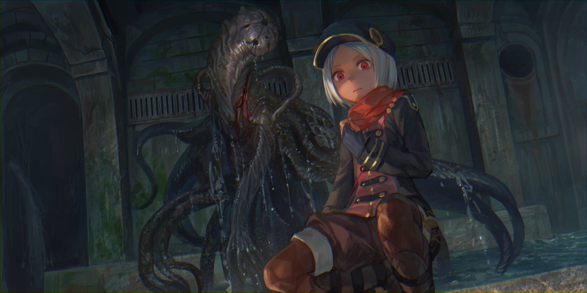 boots, red eyes, wet, stockings, white hair, digital art, gloves, original characters, short hair, water, anime girls, scarf, artwork, 1080P, HD Wallpaper