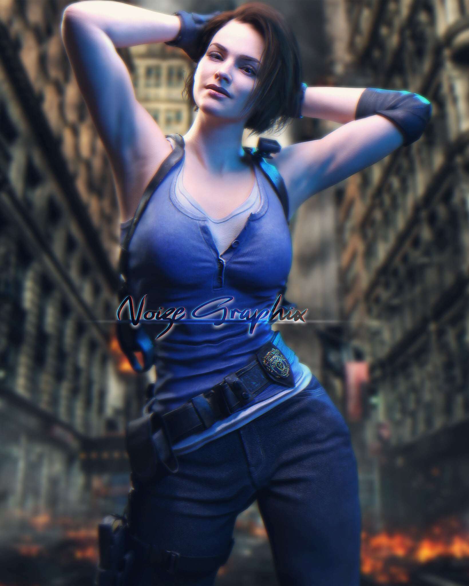 CGI, portrait display, Jordi Djojosemito, armpits, frontal view, fan art, arms up, 1080P, women, 3D, short hair, artwork, looking at viewer, depth of field, Phone HD Wallpaper