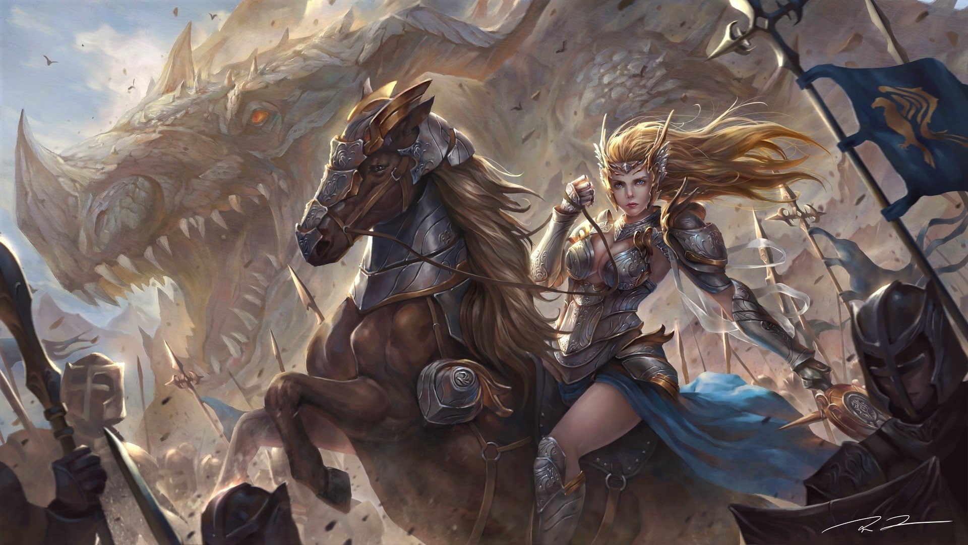 1080P, Blonde, Warrior, Armor, Woman, Horse, Women Warrior, Fantasy, Girl, Dragon, HD Wallpaper