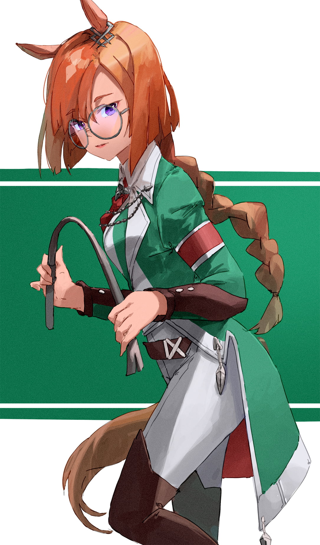 green coat, brunette, knee-high boots, standing, vertical, braided hair, long hair, whips, hair ornament, women with glasses, Ikuno Dictus (Uma Musume), Phone HD Wallpaper