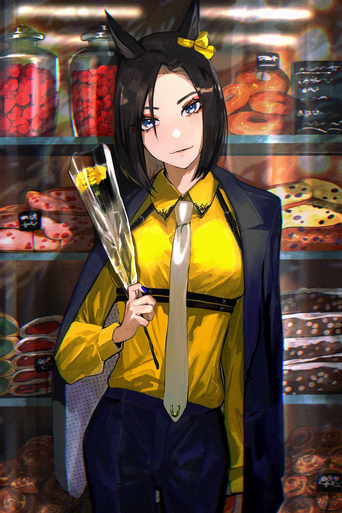 anime, Air Groove (Uma Musume), yellow t-shirt, short hair, makeup, necktie, animal ears, horse girls, blue nails, standing, black jackets, fan art, open jacket, Phone HD Wallpaper