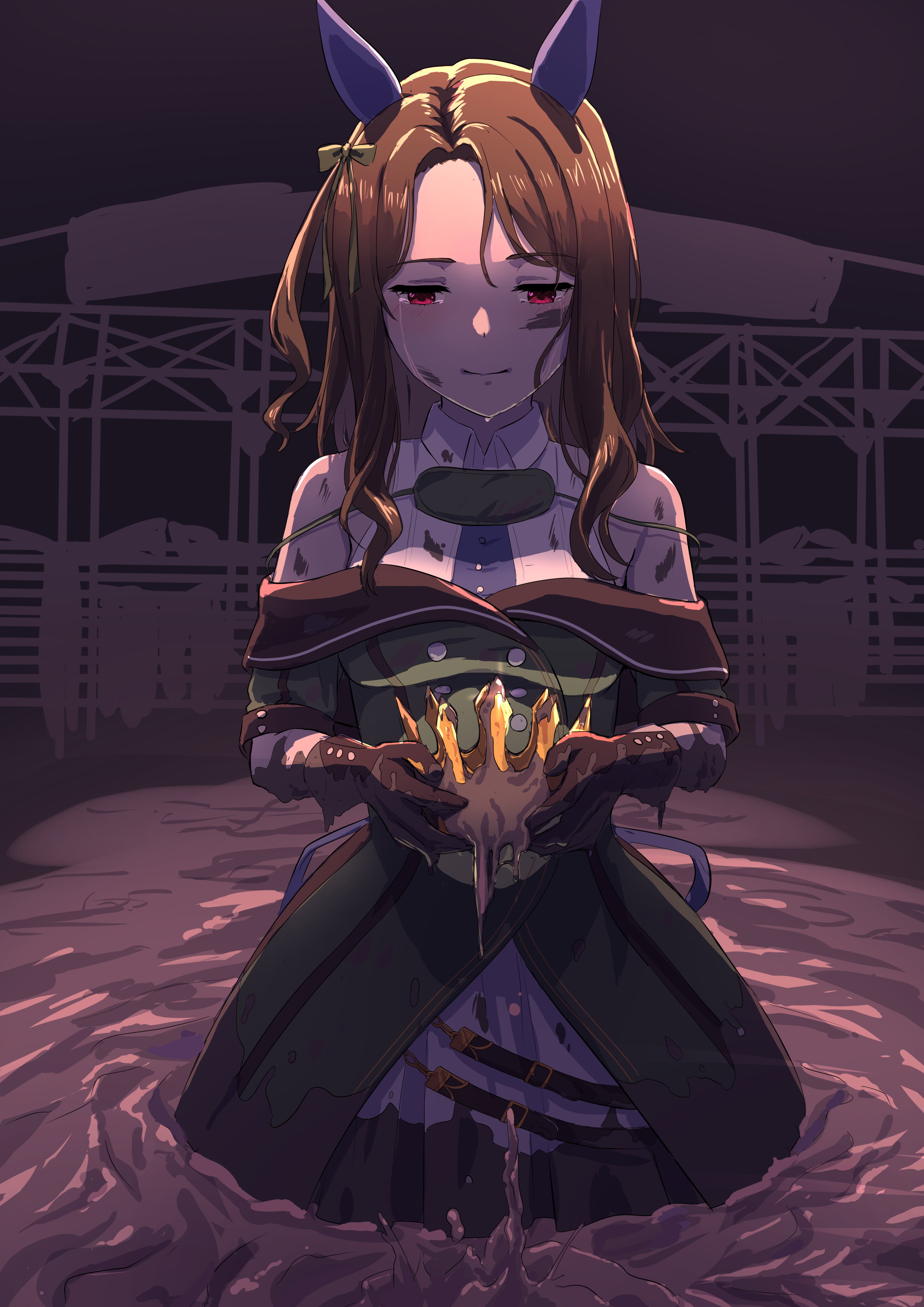 sinking, green coat, 2D, anime girls, artwork, horse girls, dirty, Uma Musume Pretty Derby, fan art, red eyes, 4K, King Halo (Uma Musume), bare shoulders, Phone HD Wallpaper