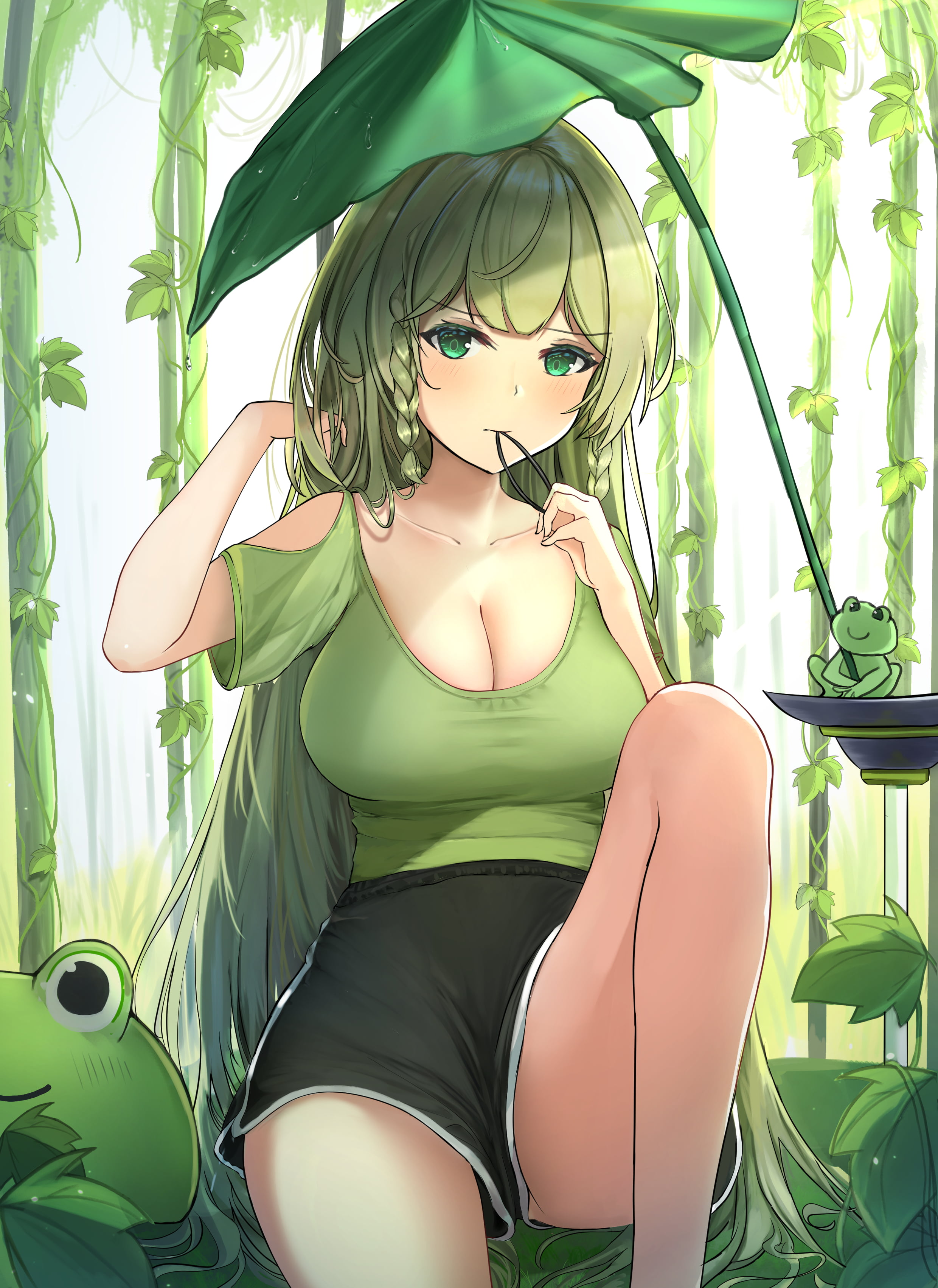 portrait display, frog, MapleStory, anime, LemonTea, illustration, cleavage, 2D, short shorts, green top, digital art, green eyes, video games, drawing, Phone HD Wallpaper