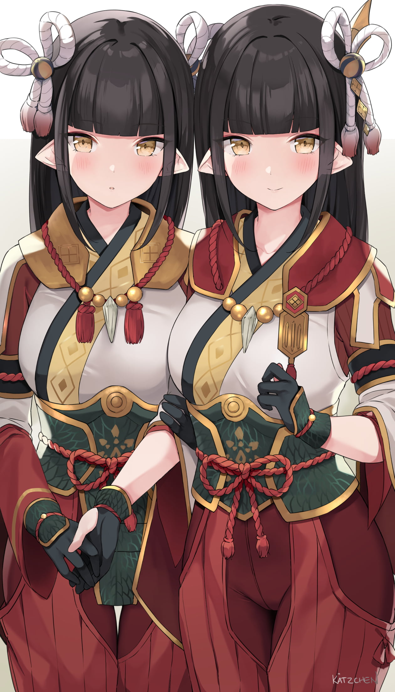 Katzchen, pointed ears, black hair, twins, 1080P, fan art, vertical, Monster Hunter Rise, drawing, video game girls, Hinoa, blushing, portrait display, Phone HD Wallpaper