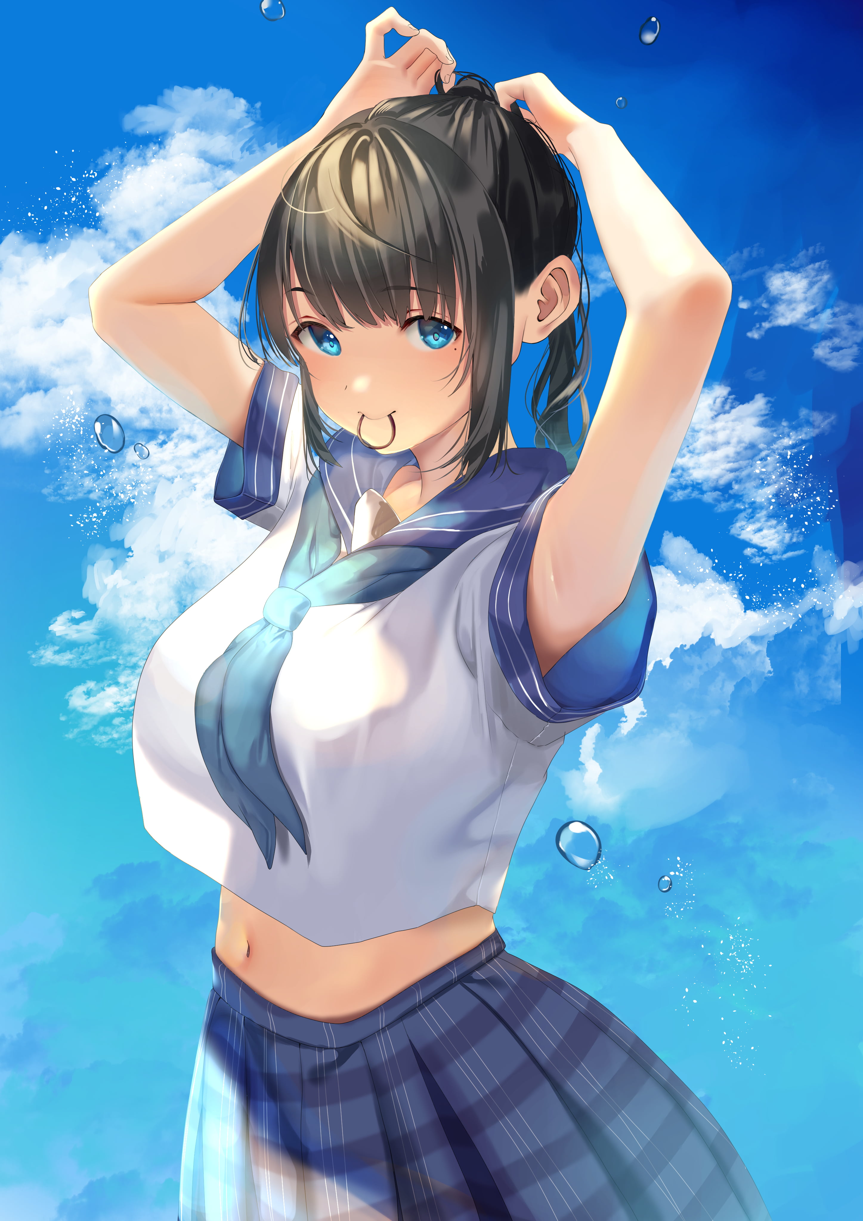 sky, portrait display, schoolgirl, clouds, looking at viewer, illustration, original characters, black hair, vertical, belly, digital art, anime girls, Phone HD Wallpaper