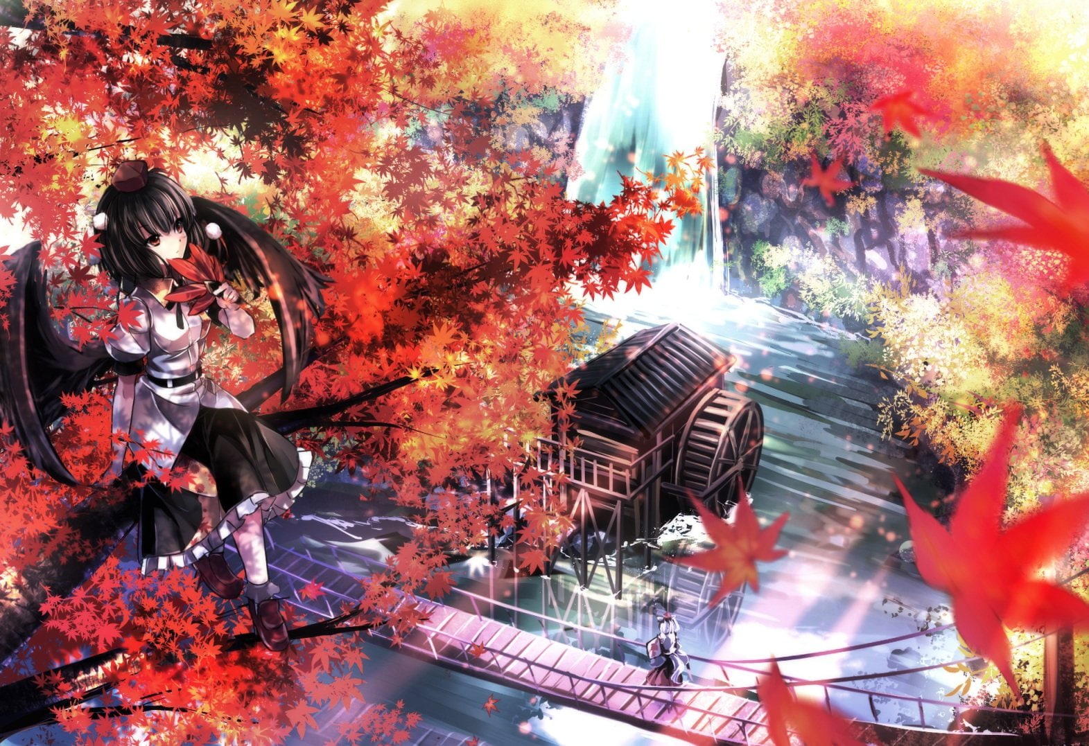 animal, aya, janne, touhou, ears, wings, hair, short, cherry, momiji, waterfall, autumn, inubashiri, black, shameimaru, hat, tail, leaves, skirt, girls, HD Wallpaper